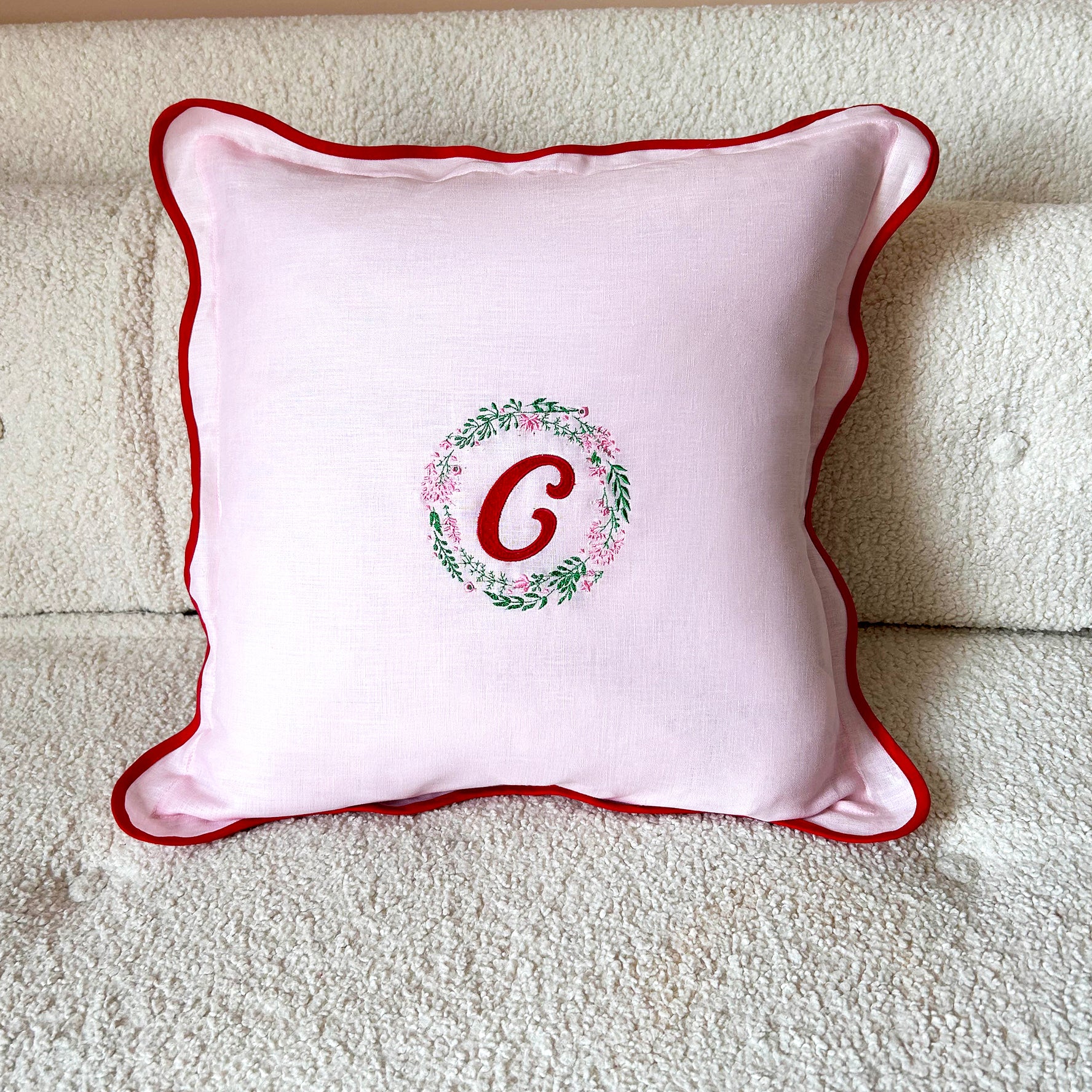 Red & Pink Scalloped Linen Embroidered Pillow - Floral Monograme