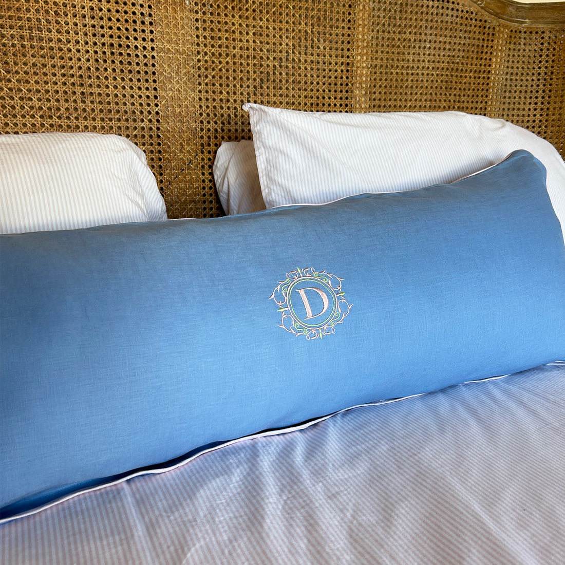Monogram Blue & Pink Linen Cushion