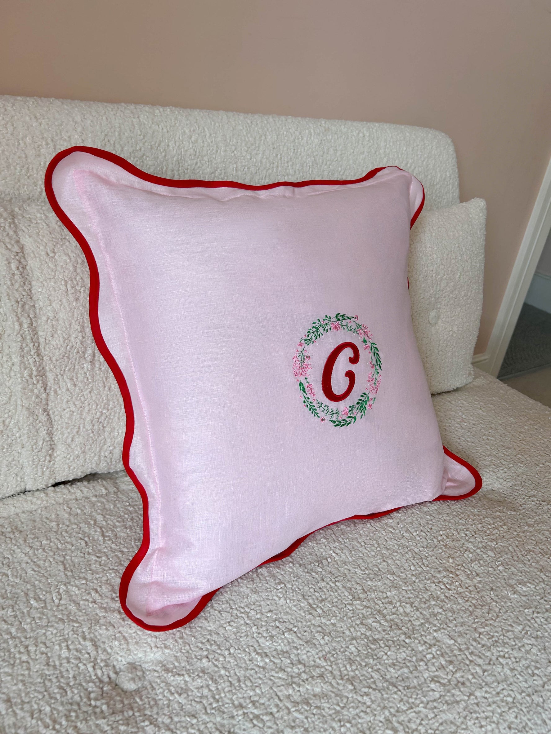 Red & Pink Scalloped Linen Embroidered Pillow - Floral Monograme