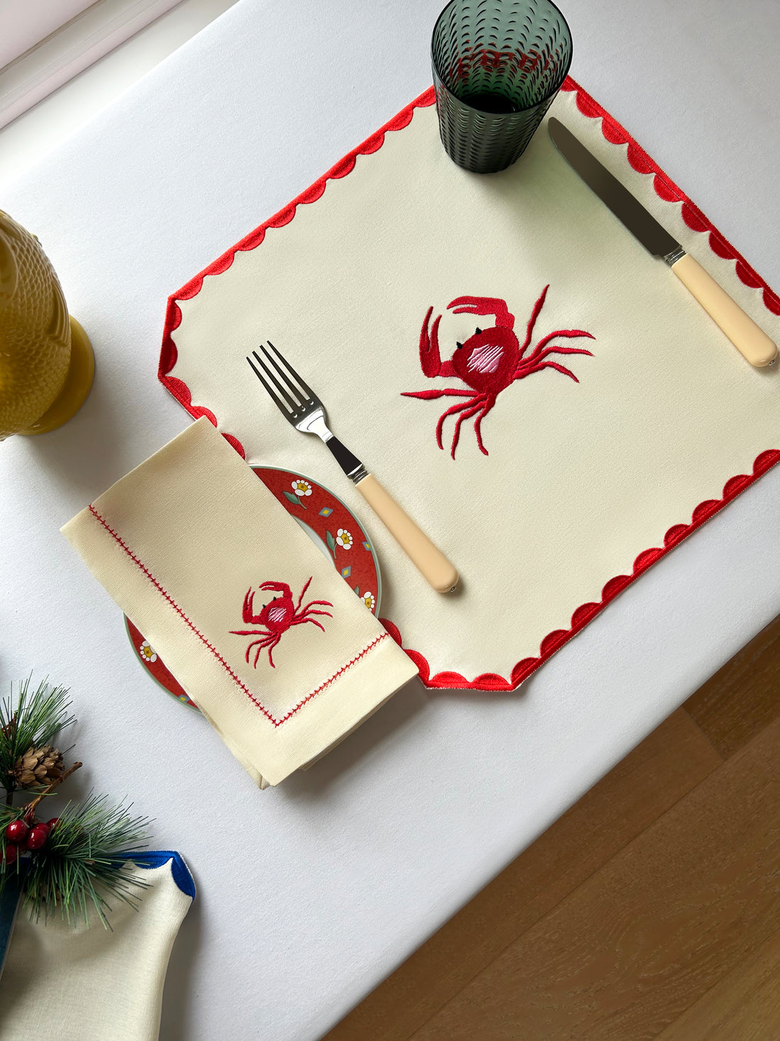 Crab Embroidered Napkins |Set of 4