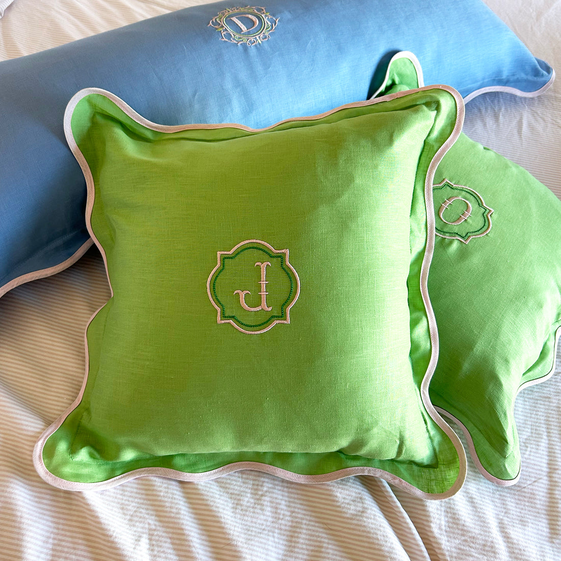 Monogram Scalloped Linen Cushion