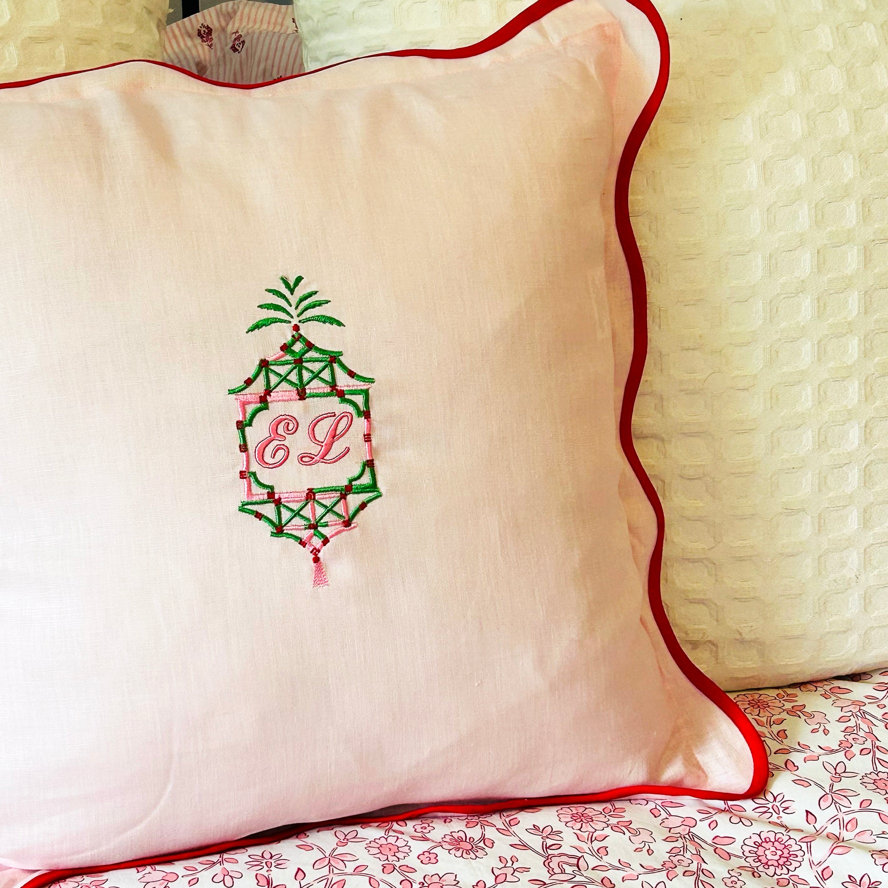 Red & Pink Scalloped Linen Embroidered Pillow - Monogramed