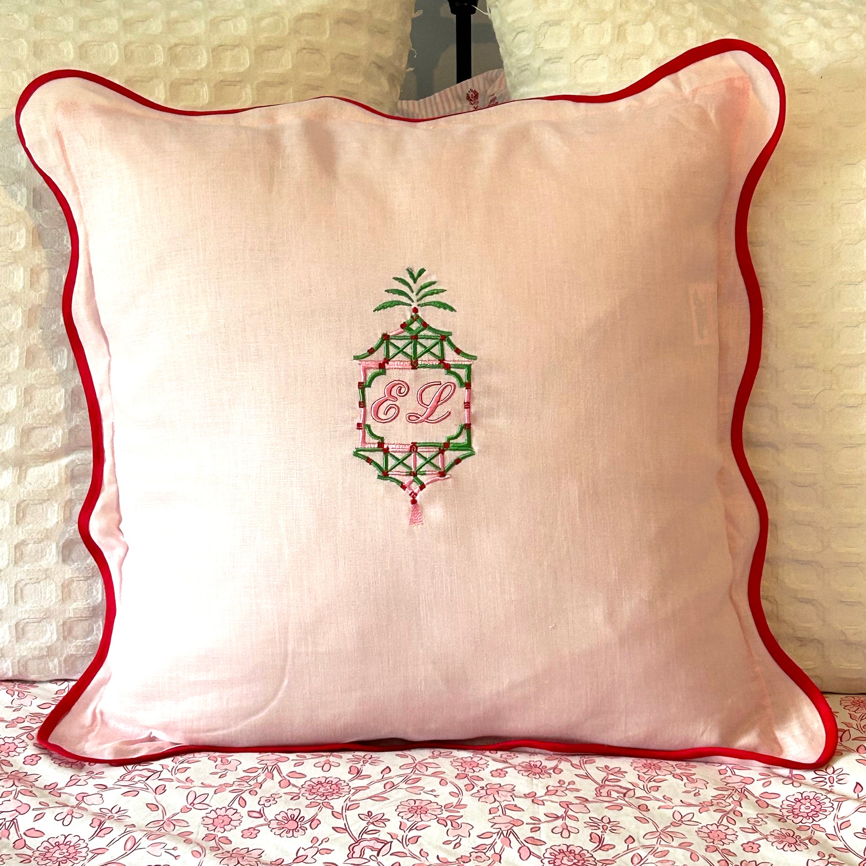 Red & Pink Scalloped Linen Embroidered Pillow - Monogramed