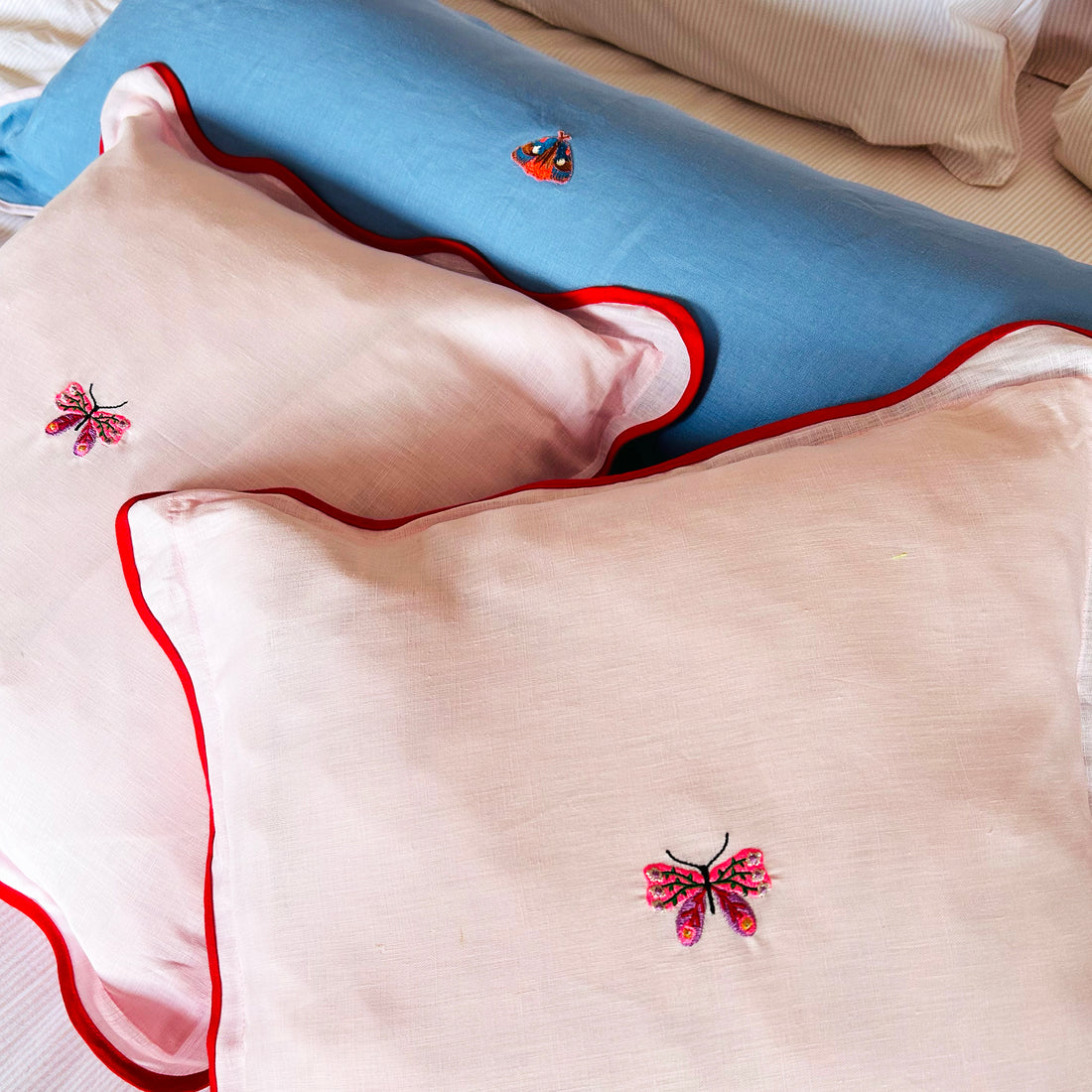 Pink Scalloped Butterfly Linen Embroidered Pillow