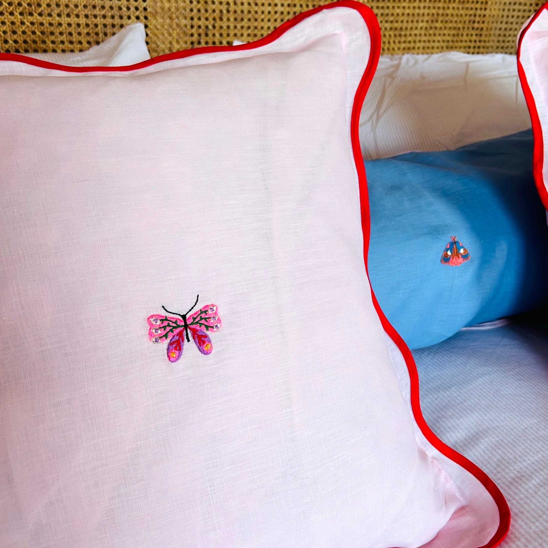 Pink Scalloped Butterfly Linen Embroidered Pillow