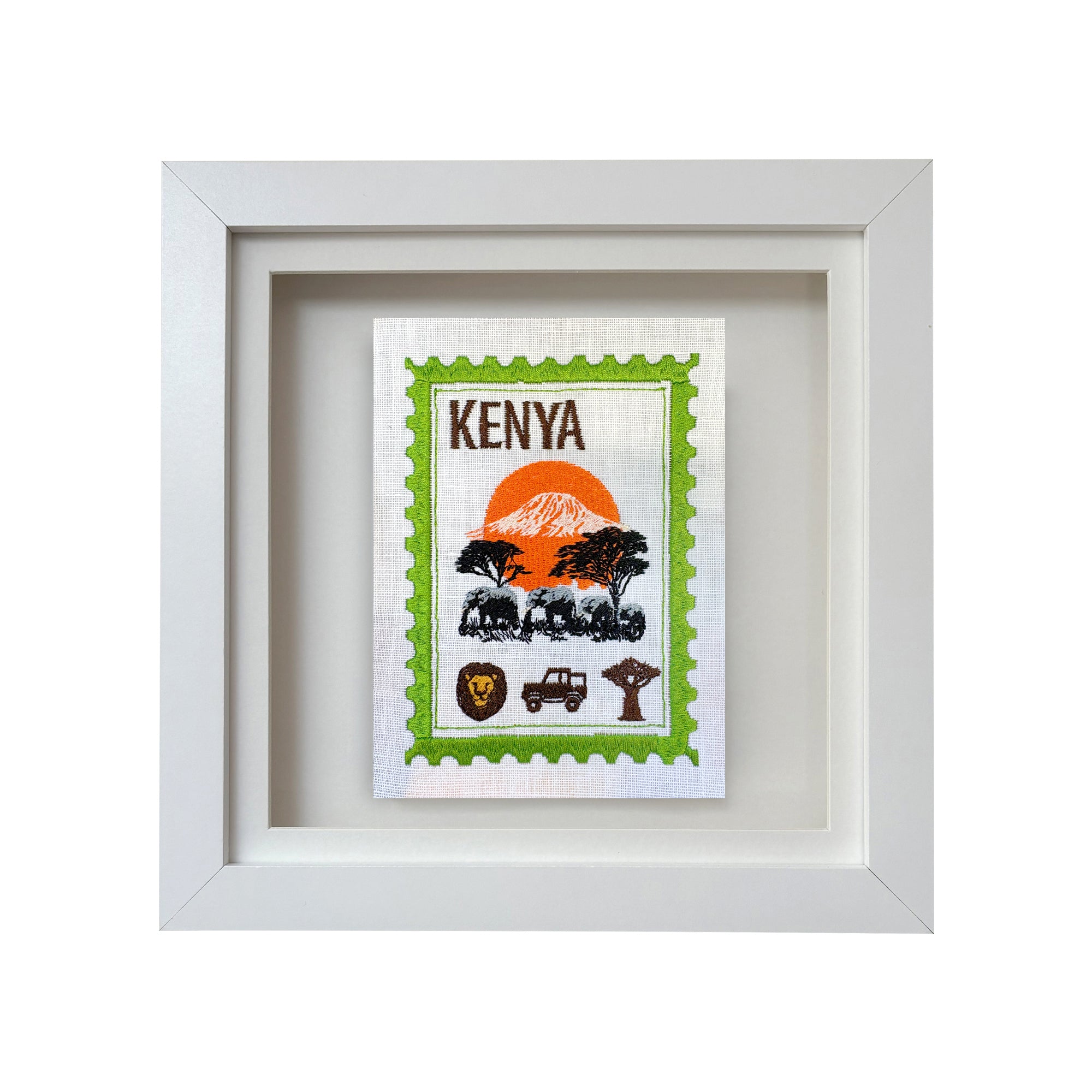 Kenya embroidered stamp artwork by Lillyloves featuring vibrant traditional embroidery on textured fabric background.