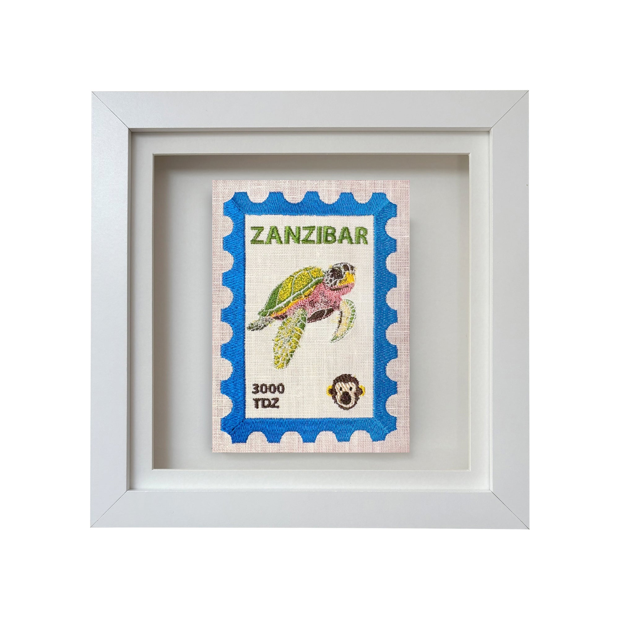 Colorful Zanzibar embroidered stamp artwork by Lillyloves featuring intricate embroidery and vibrant design on textured fabric.