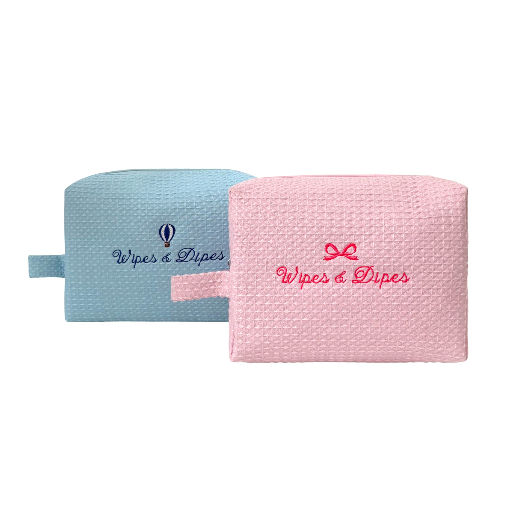 Blue Lillyloves Wipes & Dipes waffle wash bag with a textured fabric exterior and zipper closure for convenient storage.