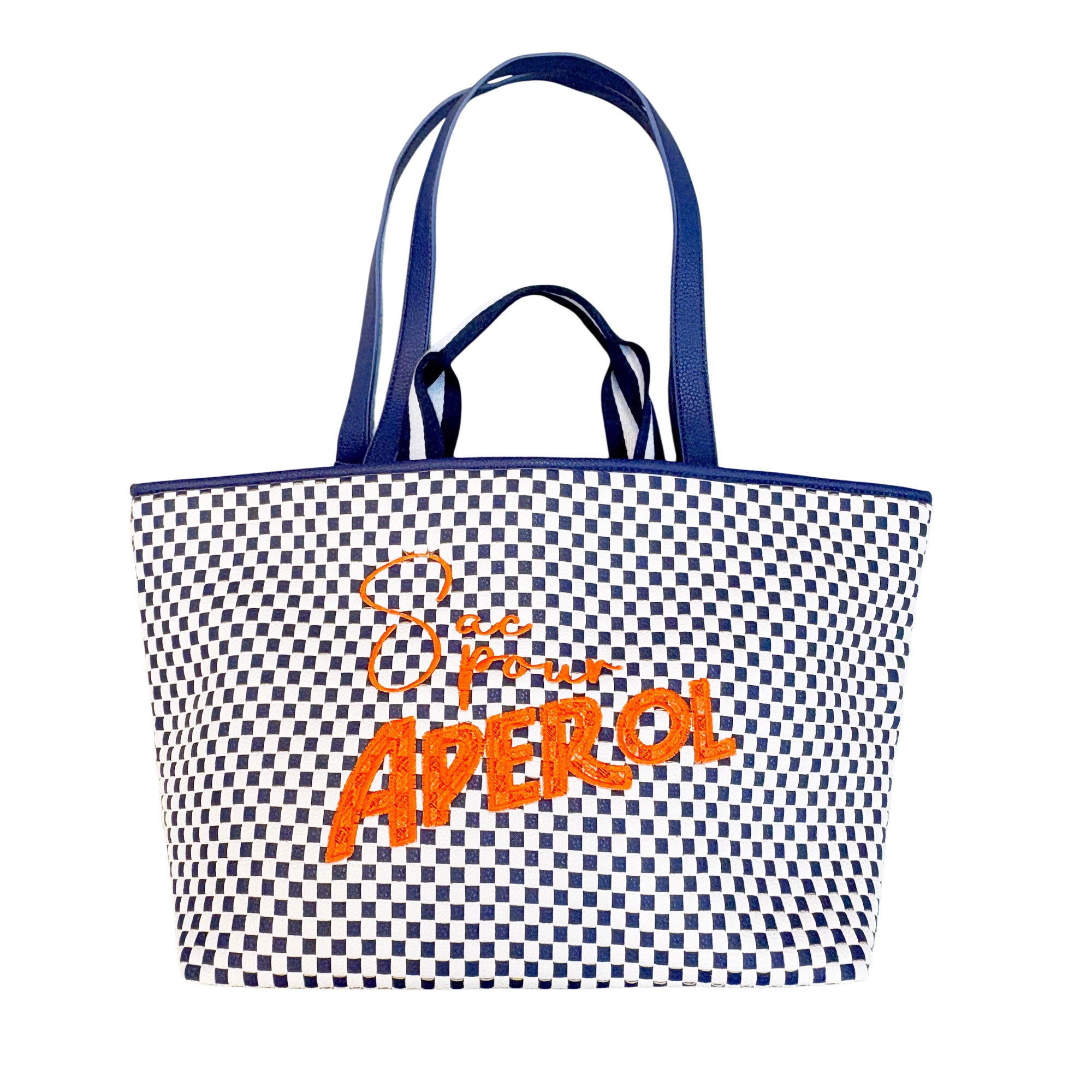 Lilly Loves Aperol Navy Chequered Handbag with strap, stylish accessory featuring a navy checkered pattern and structured design.
