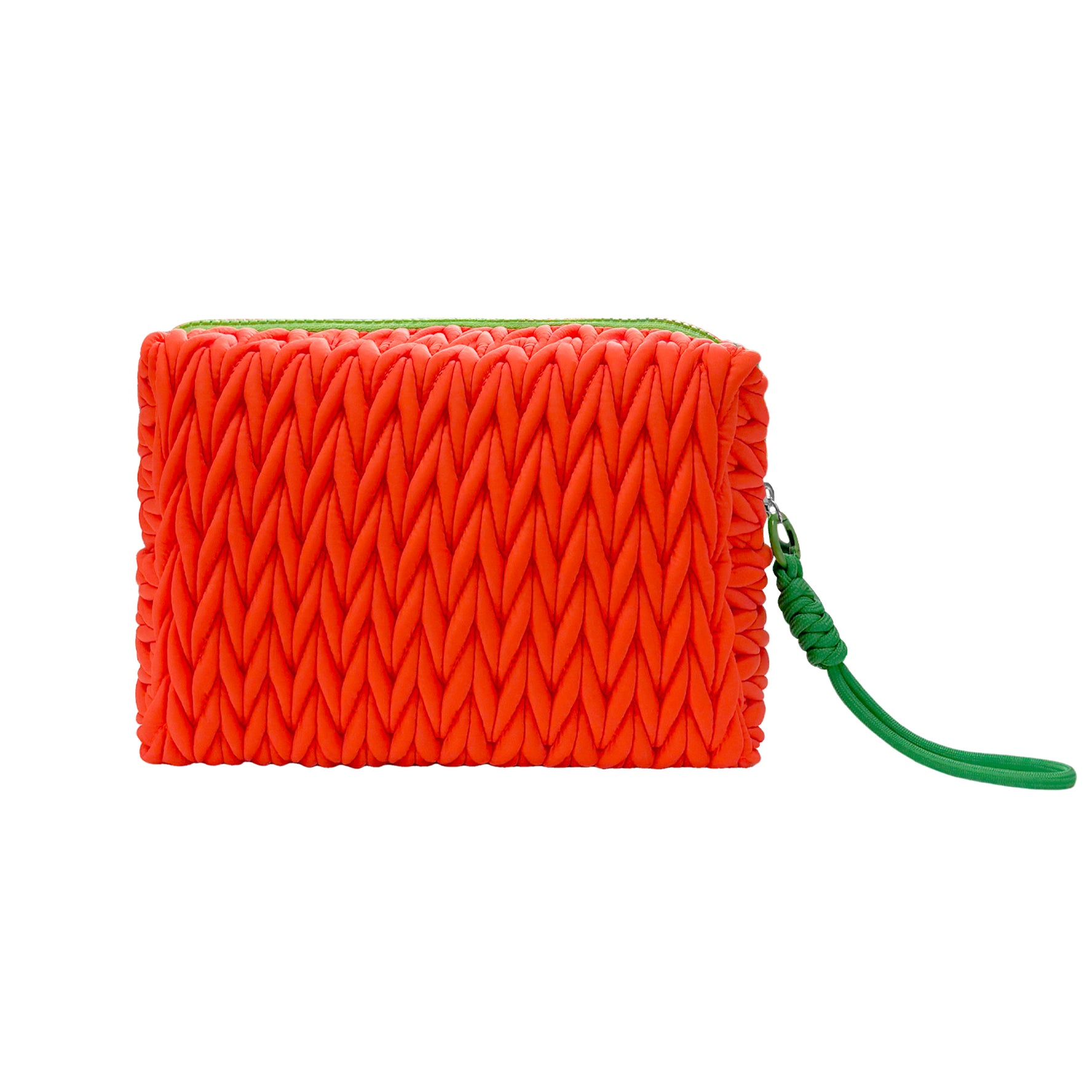 Lillyloves squishy orange makeup bag, soft fabric wash bag with zipper closure, designed for storing cosmetics and toiletries.