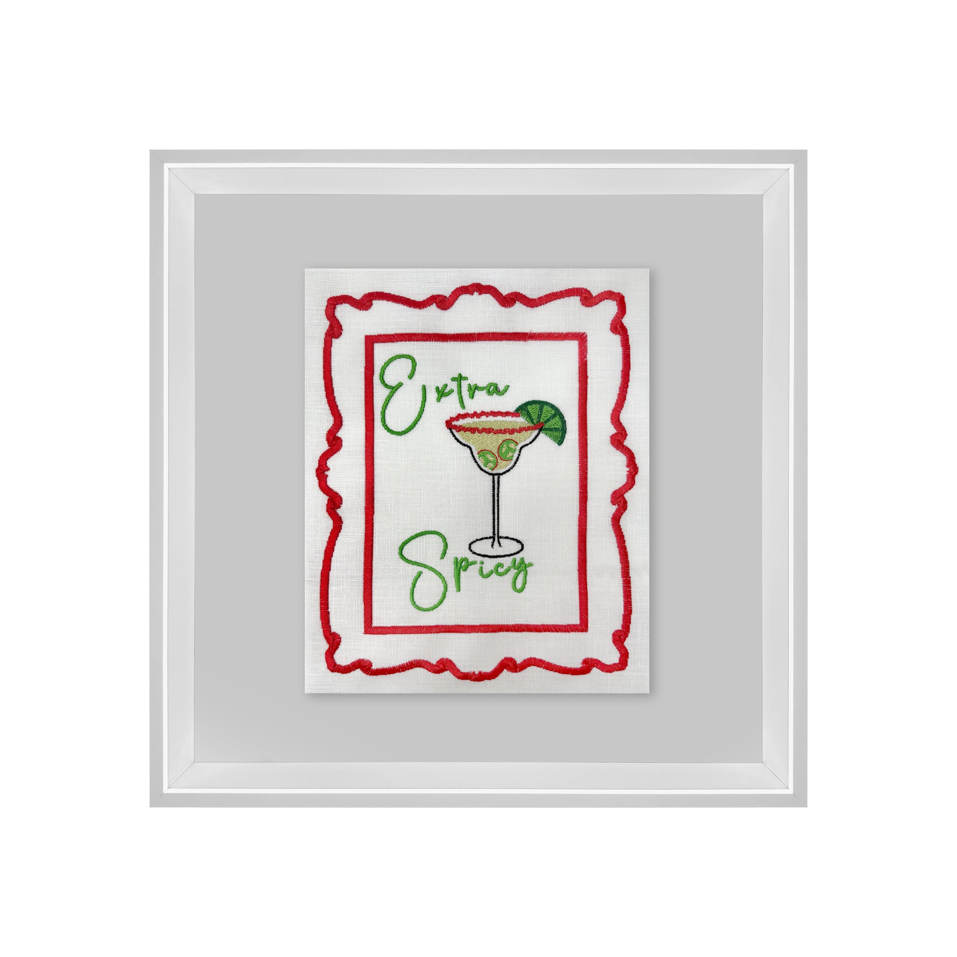 Colorful embroidered wall art featuring extra spicy-themed design by Lillyloves, perfect for vibrant home decor.