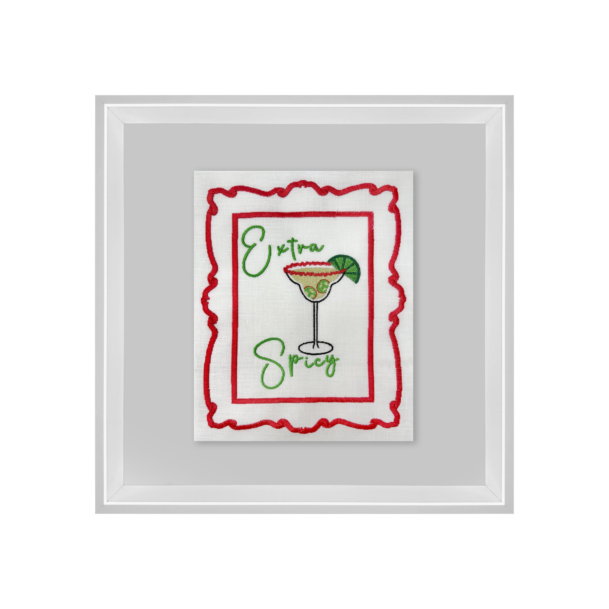 Colorful embroidered wall art featuring extra spicy-themed design by Lillyloves, perfect for vibrant home decor.