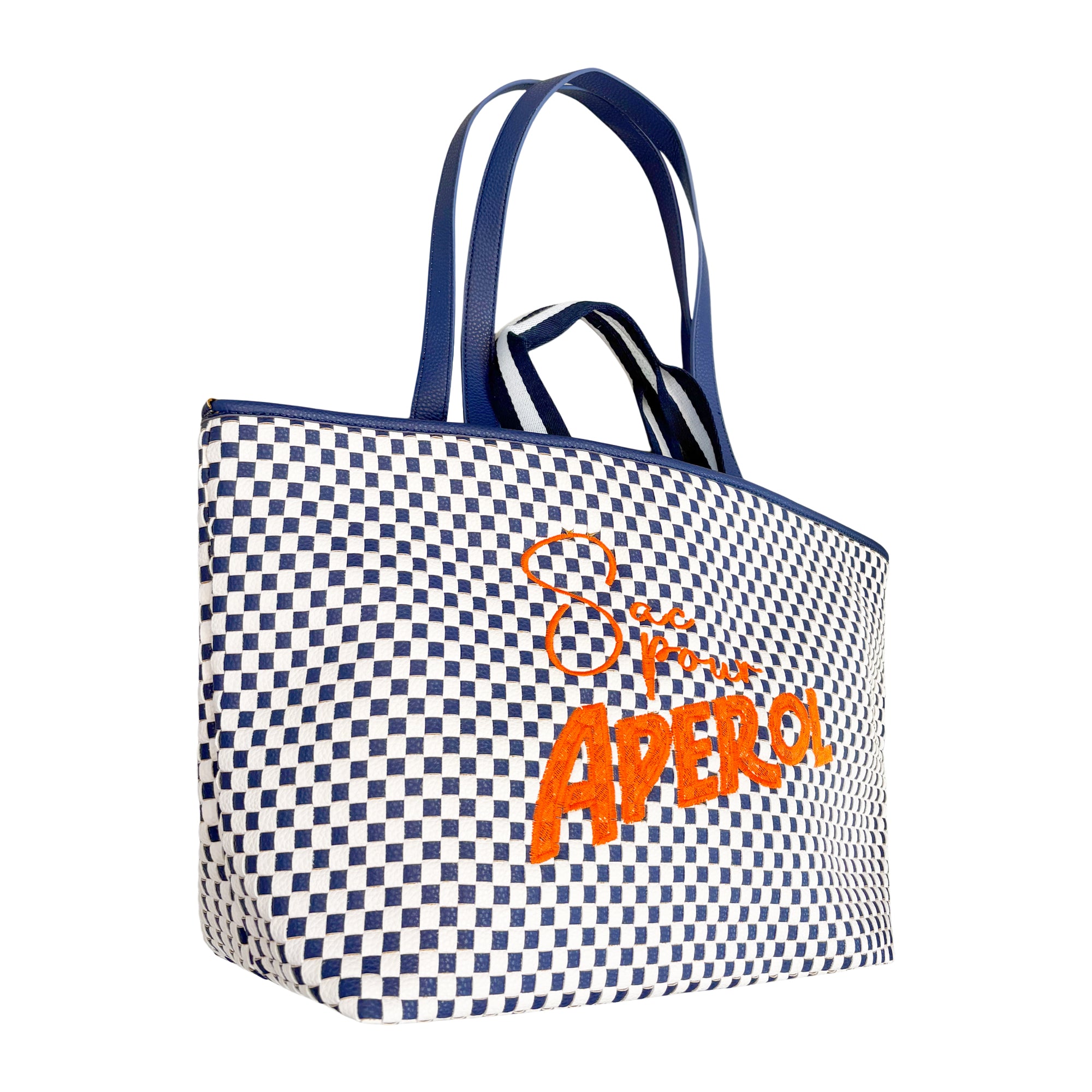 Lilly Loves navy chequered Aperol handbag with top handle and zip closure, stylish accessory for casual or evening wear.