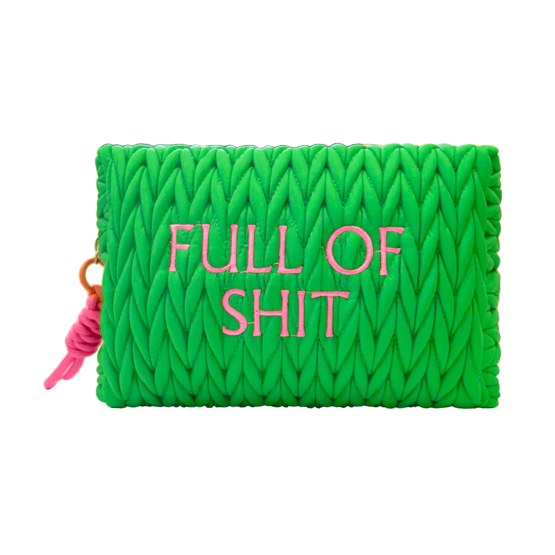 Green LillyLovesLTD full-of-shit cosmetic bag, soft fabric wash bag with bold printed design and zipper closure.