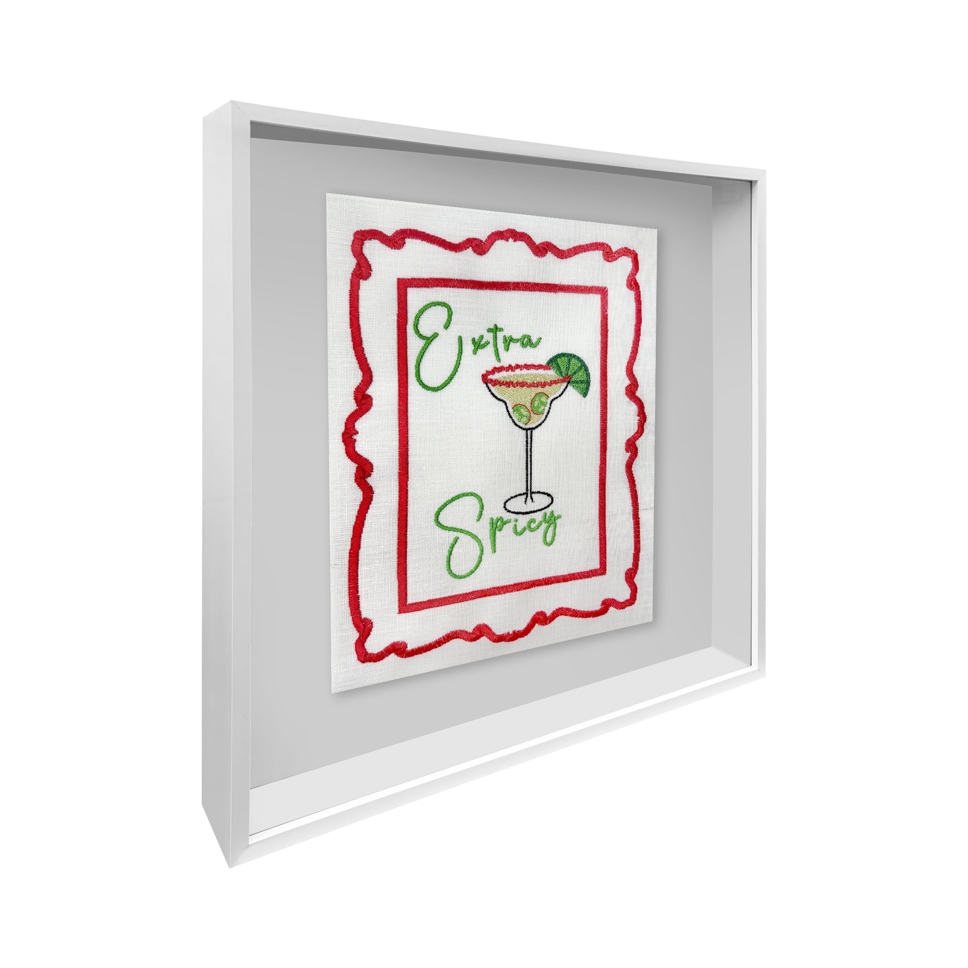 Colorful embroidered wall art by Lillyloves featuring intricate, extra spicy design with vibrant threads on canvas.