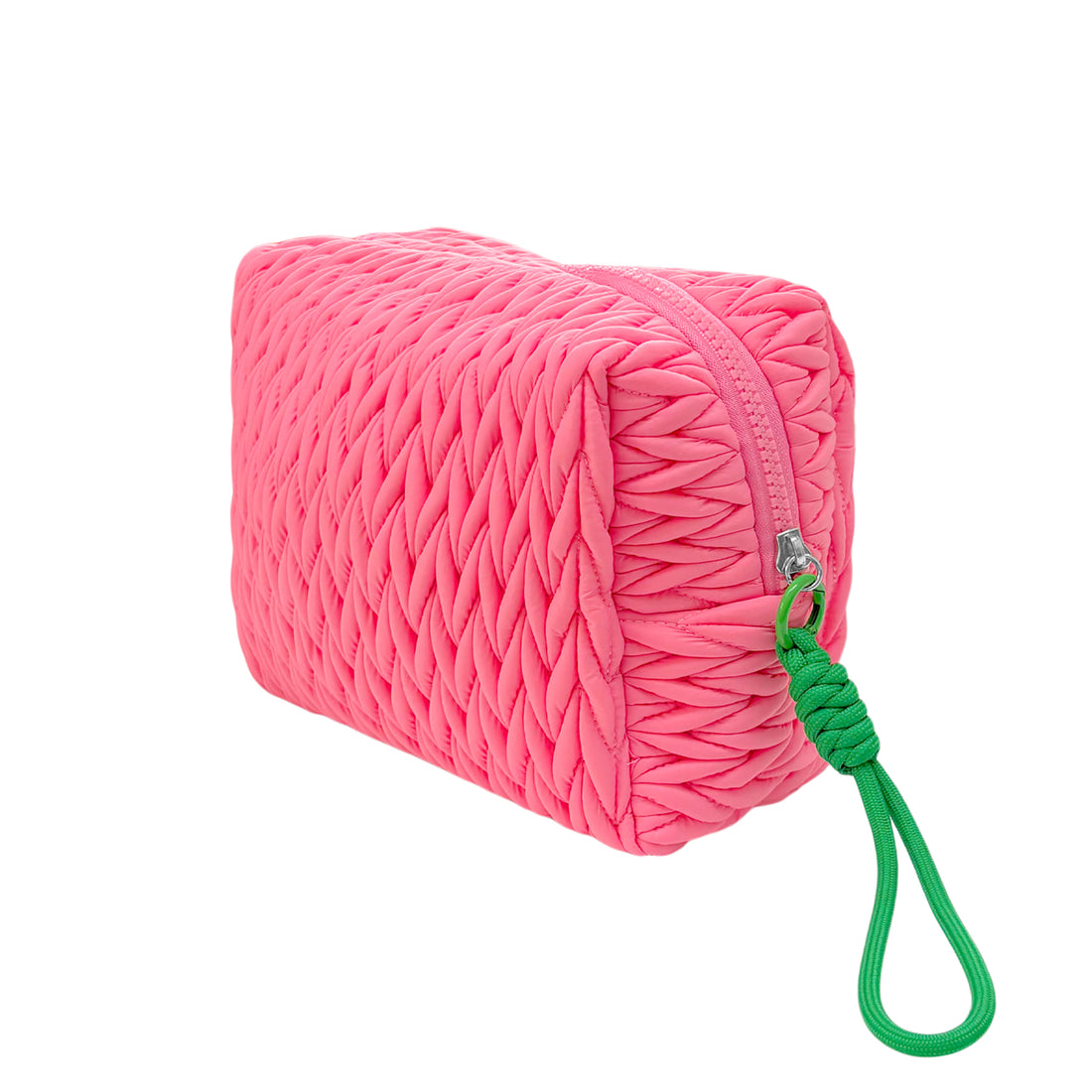 Pink squishy makeup bag by Lillyloves, soft fabric wash bag with a cute, plush exterior and zipper closure.