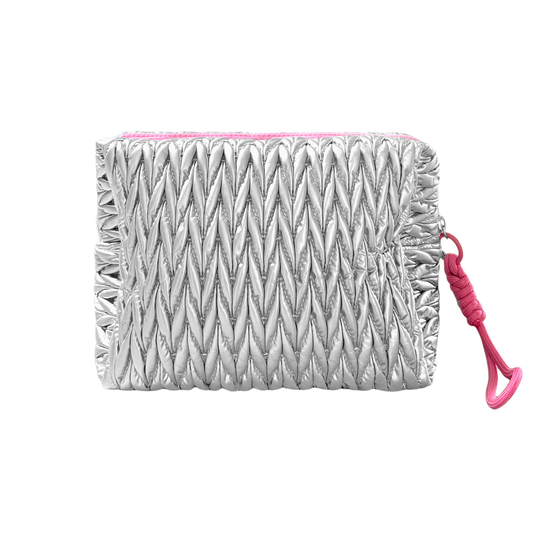 Silver squishy makeup bag by Lillyloves, soft and portable wash bag with a rounded, plush design for cosmetics storage.