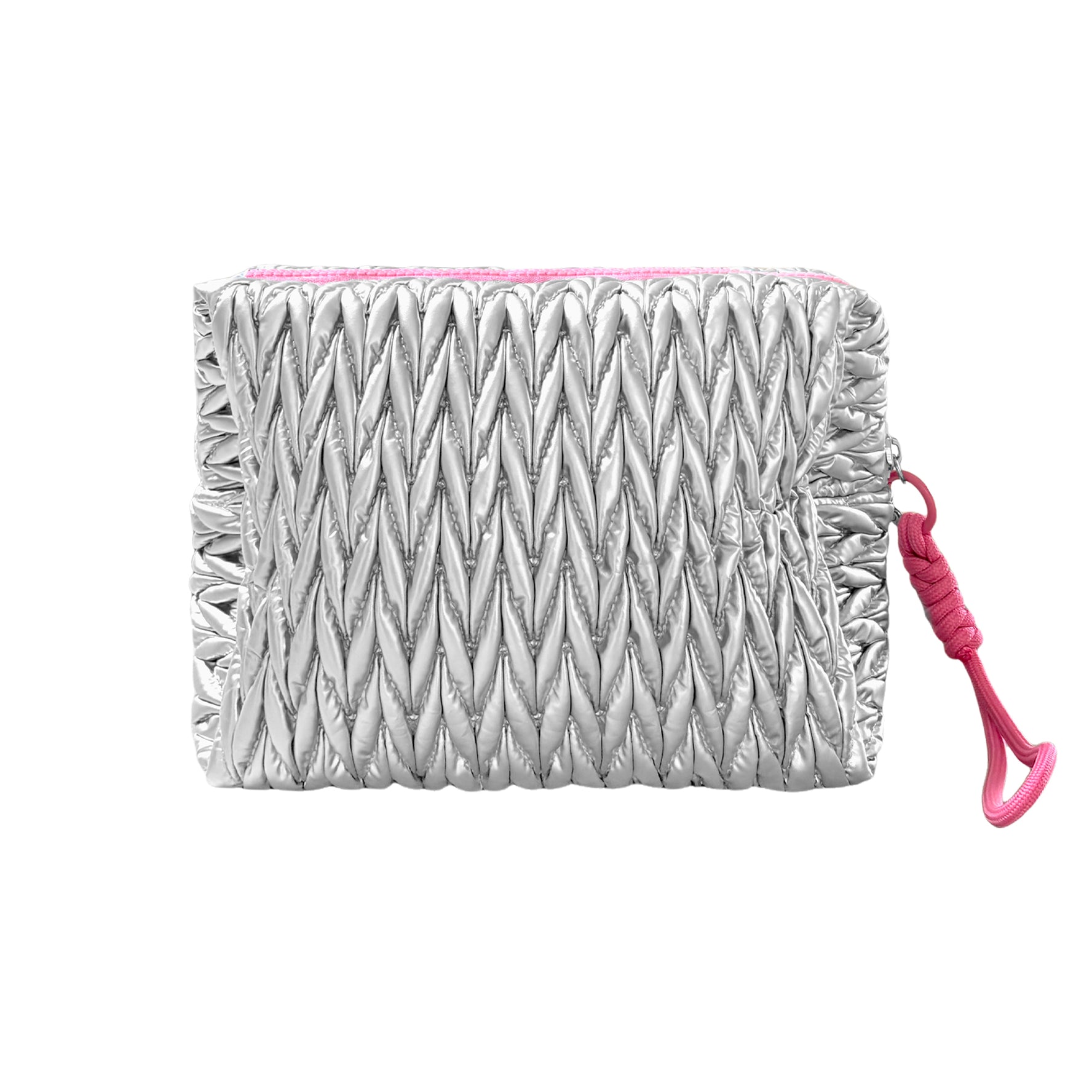 Silver squishy makeup bag by Lillyloves, soft and portable wash bag with a rounded, plush design for cosmetics storage.