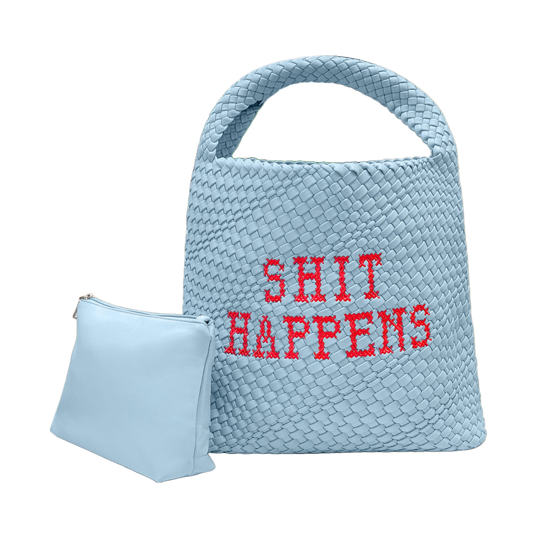 Lilly Loves Shit Happens bucket wash bag with black and white design and drawstring closure, made of durable fabric.