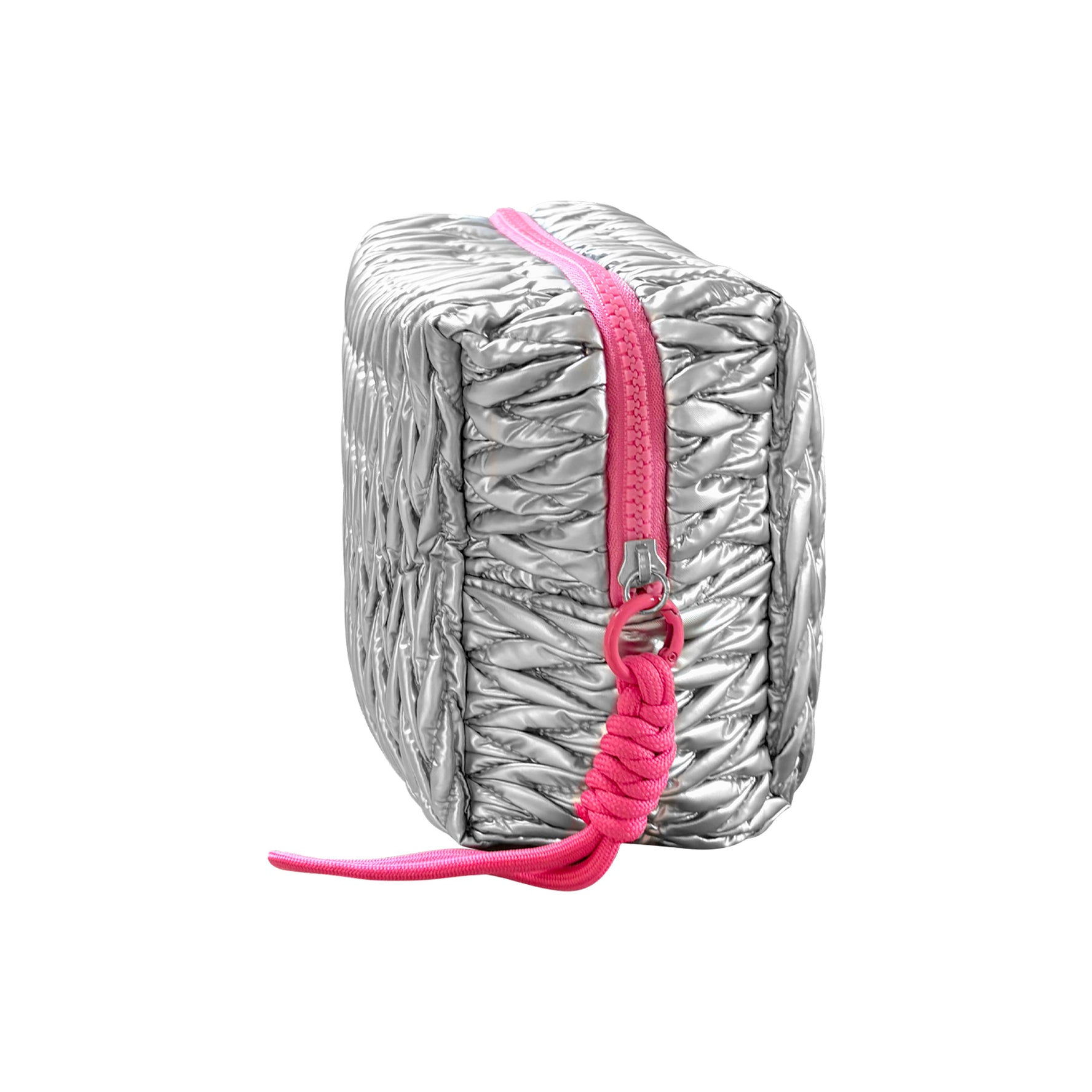 Silver squishy makeup bag by Lillyloves, a soft and flexible wash bag with a shiny, textured surface for storing cosmetics.