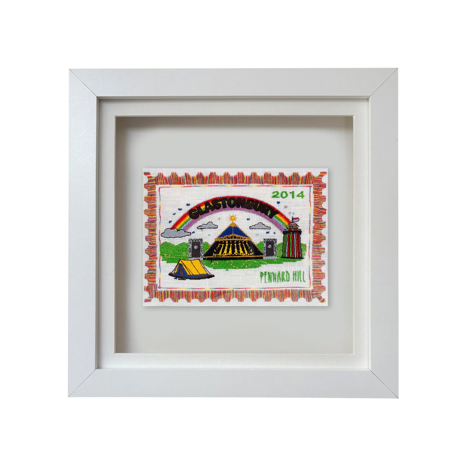 Lillyloves Glastonbury embroidered stamp artwork featuring intricate stitched design on textured fabric background.