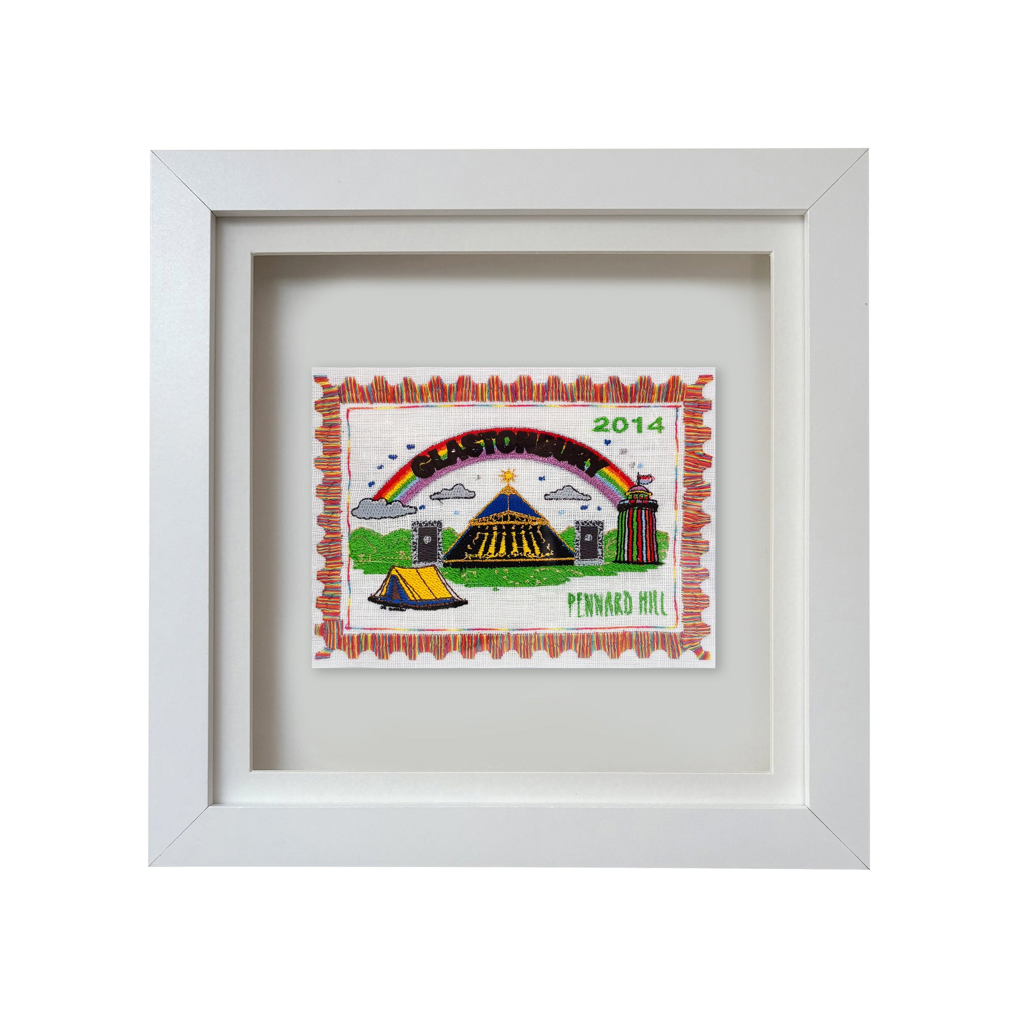 Lillyloves Glastonbury embroidered stamp artwork featuring intricate stitched design on textured fabric background.