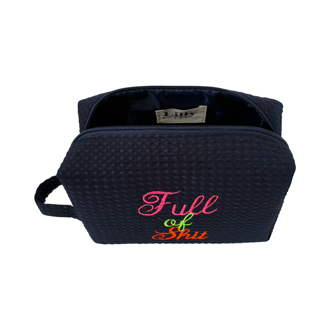 Navy Lillyloves Full Of Shit washbag with zipper closure, made of durable material, ideal for travel and toiletries storage.