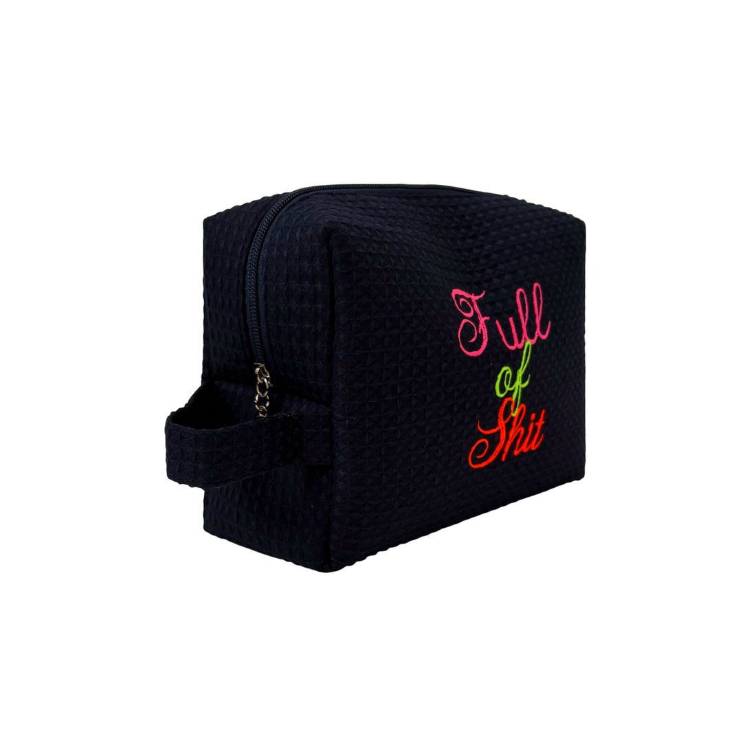 Lillyloves navy Full Of Shit washbag with zipper closure, compact design, ideal for travel storage of toiletries and cosmetics.