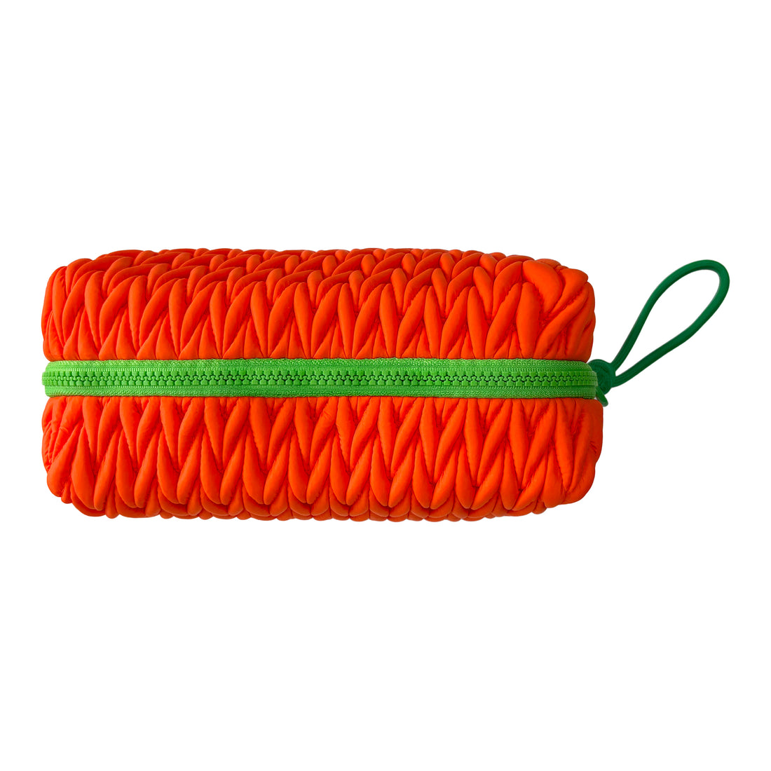 Squishy orange makeup bag by Lillyloves, soft wash bag with a playful, squeezable design for cosmetics storage.