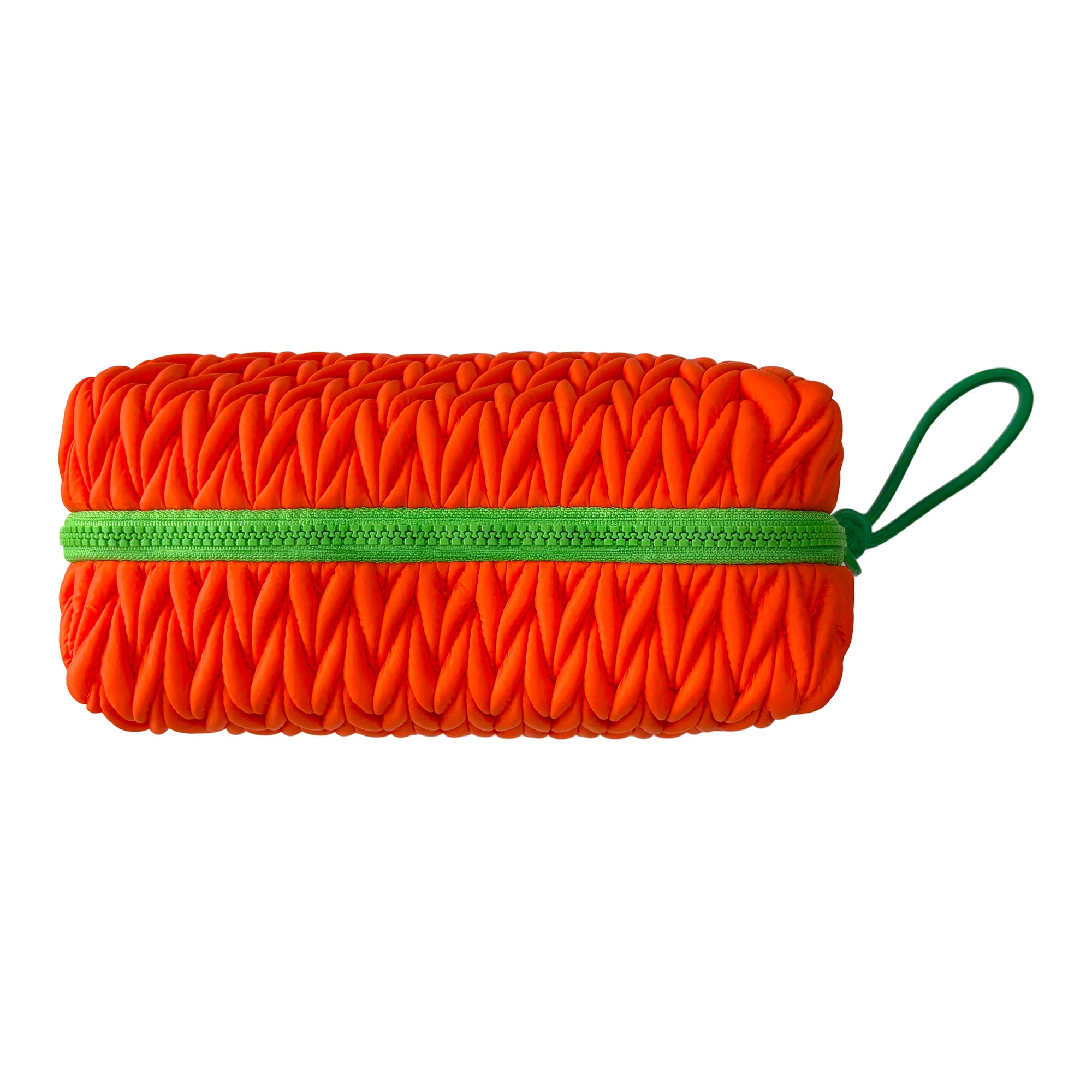 Squishy orange makeup bag by Lillyloves, soft wash bag with a playful, squeezable design for cosmetics storage.