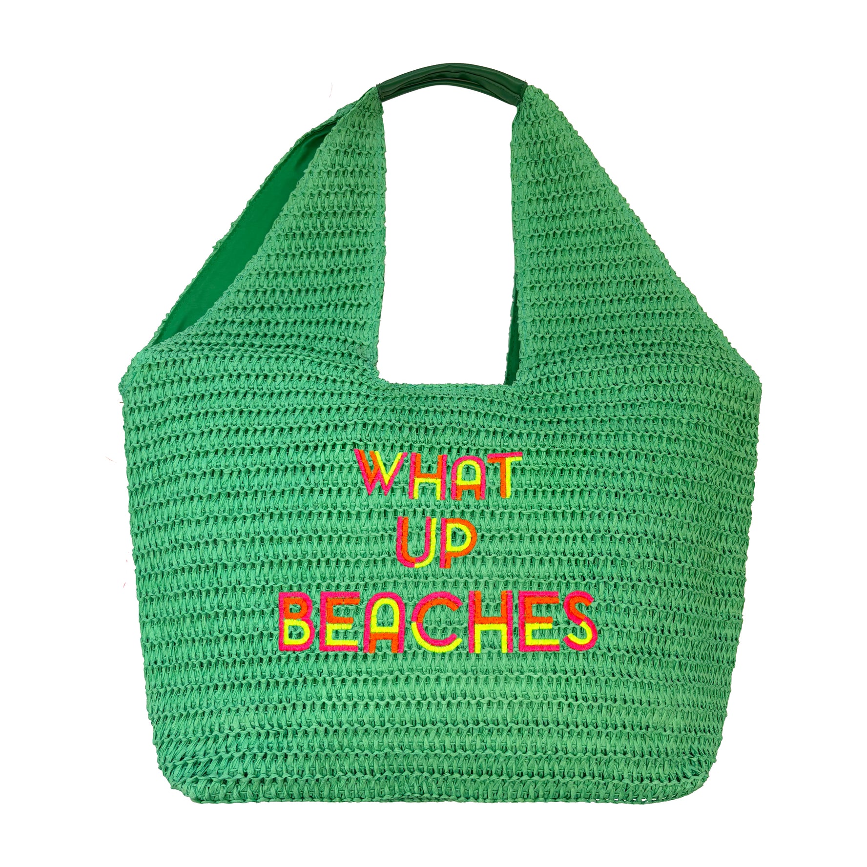 Lilly Loves What Up Beaches oversized beach handbag with colorful tropical print and sturdy handles, perfect for seaside trips.