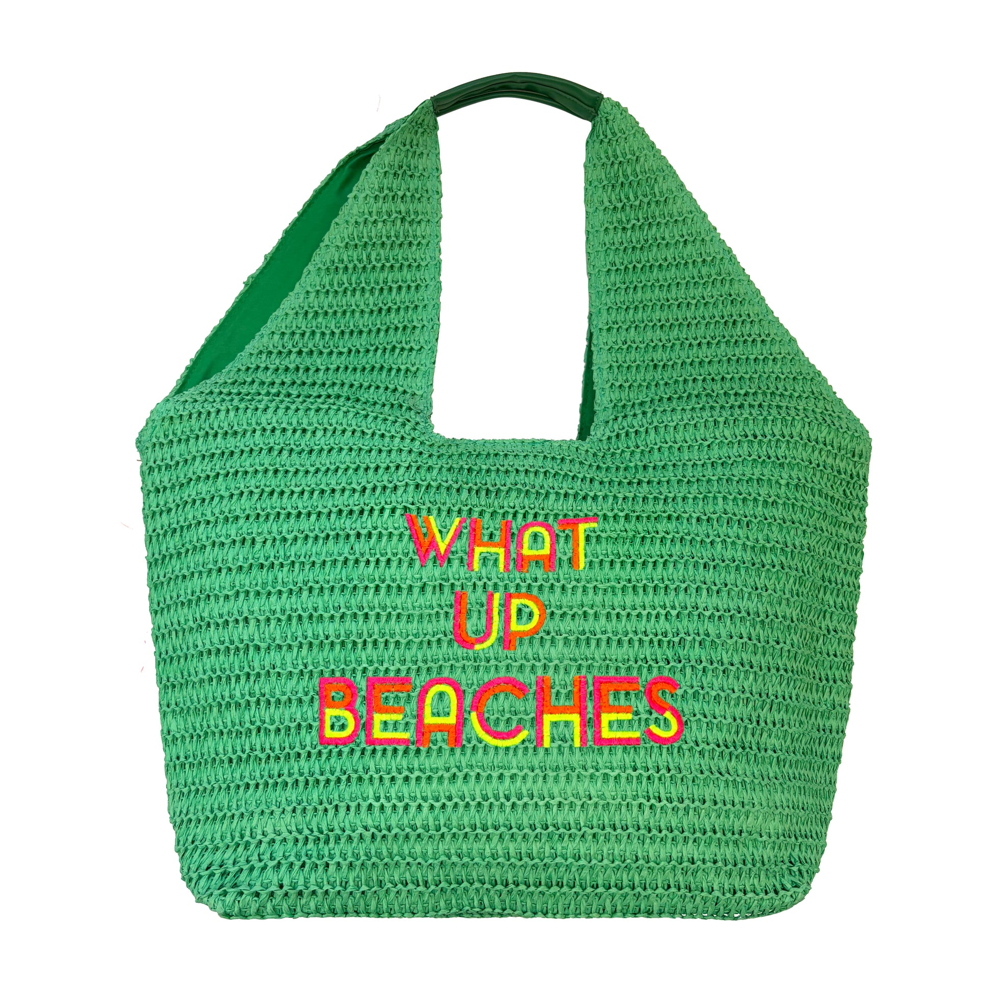 Lilly Loves What Up Beaches oversized beach handbag with colorful tropical print and sturdy handles, perfect for seaside trips.