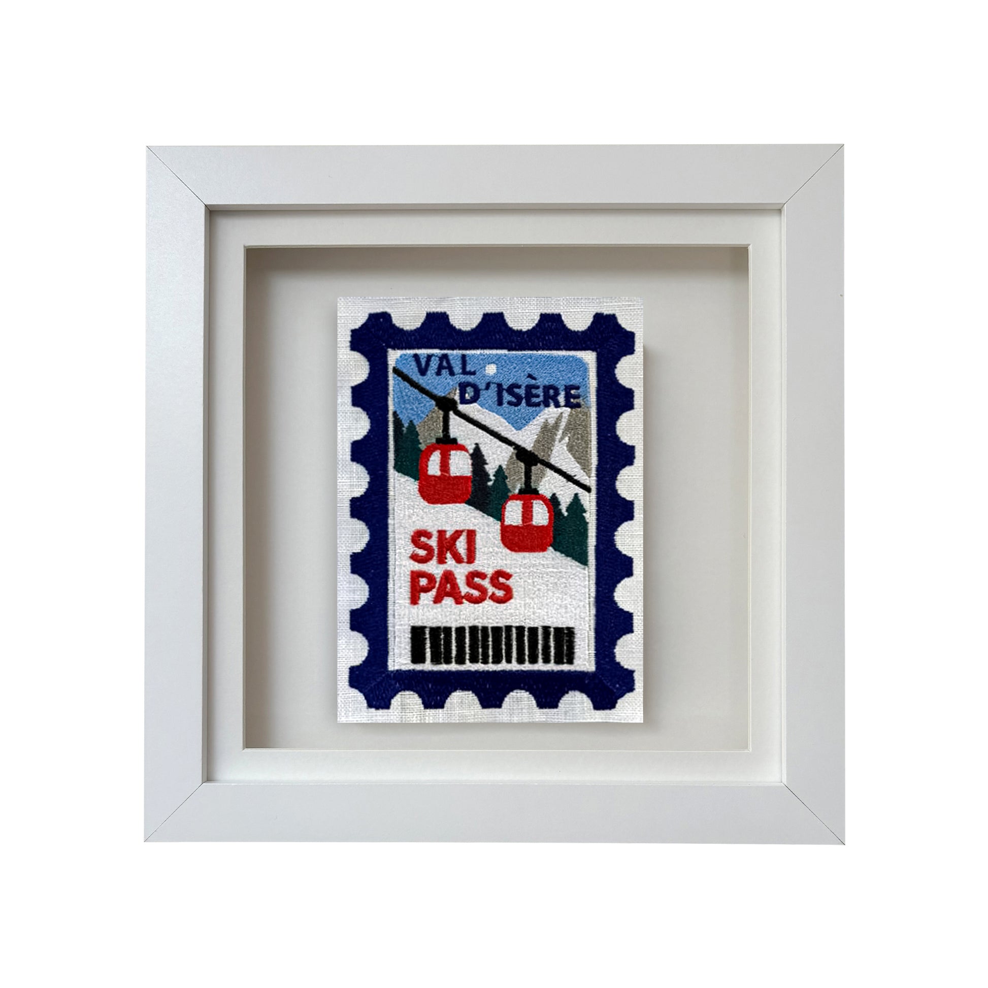 Lillyloves Val D'isere embroidered postcard artwork featuring detailed embroidery of a scenic mountain village scene.