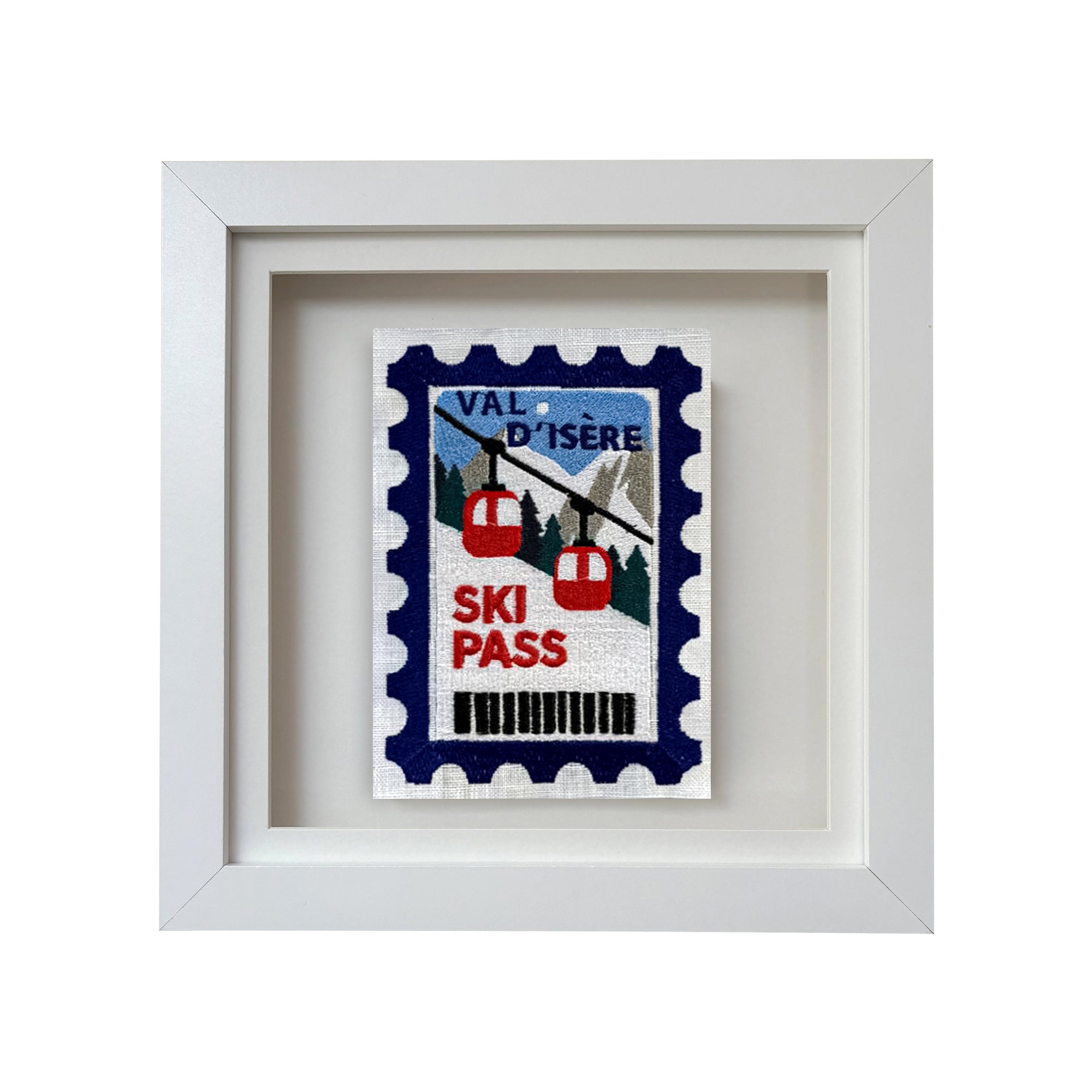 Lillyloves Val D'isere embroidered postcard artwork featuring detailed embroidery of a scenic mountain village scene.