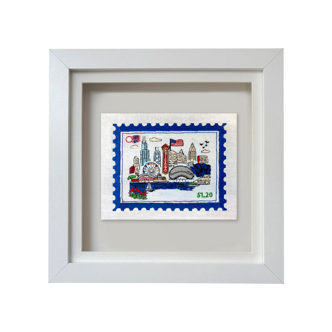 Chicago embroidered stamp artwork by Lillyloves featuring detailed stitched cityscape design on fabric.