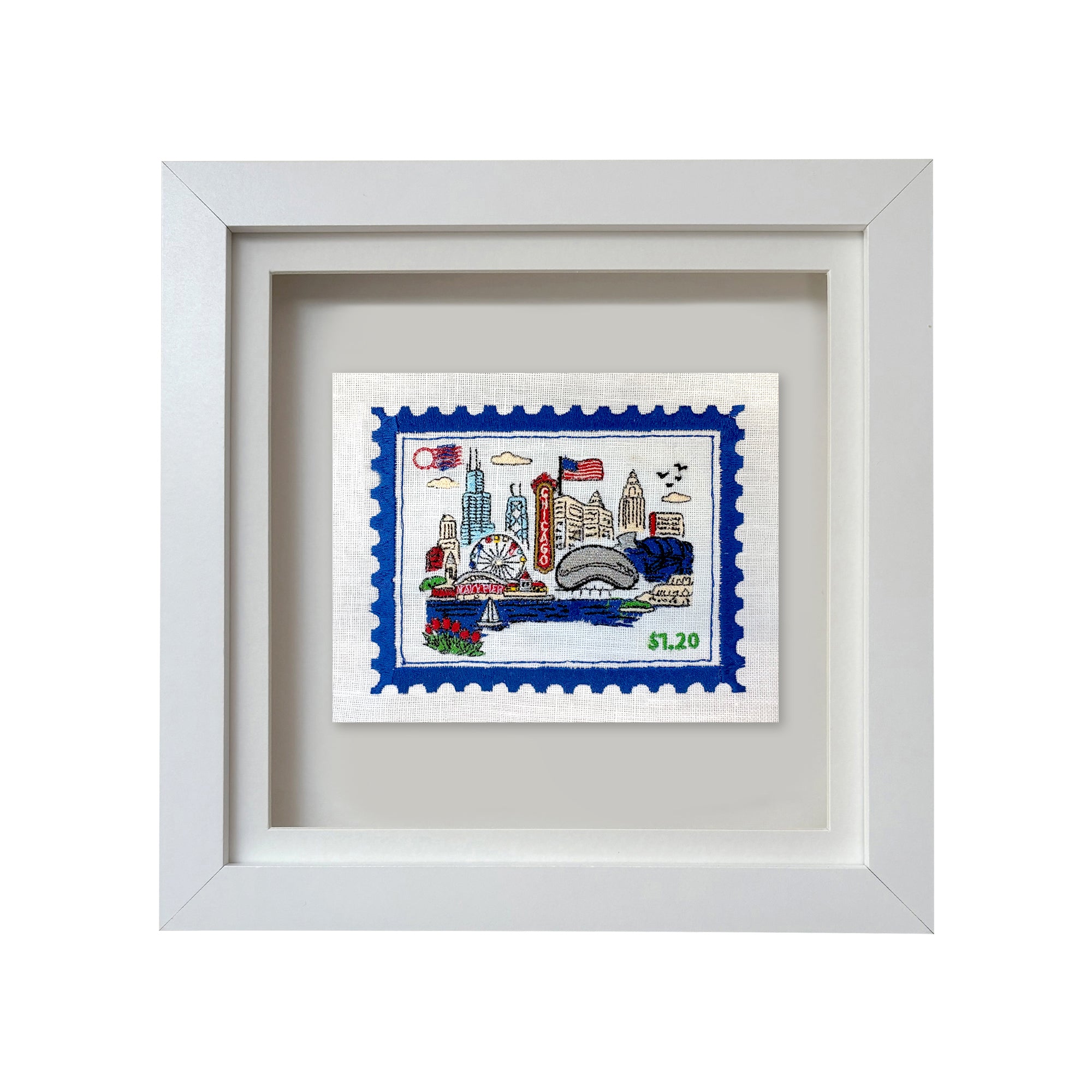 Chicago embroidered stamp artwork by Lillyloves featuring detailed stitched cityscape design on fabric.