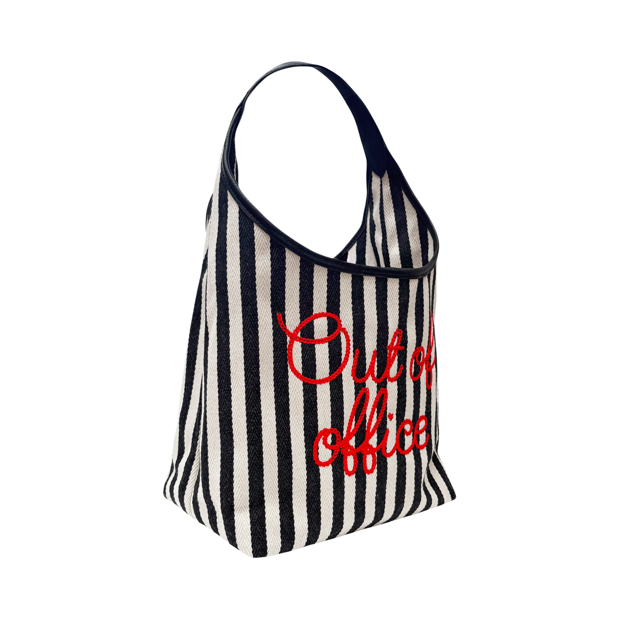 Lilly Loves Out Of Office Stripe Handbag with shoulder strap, featuring a stylish black and white striped design.