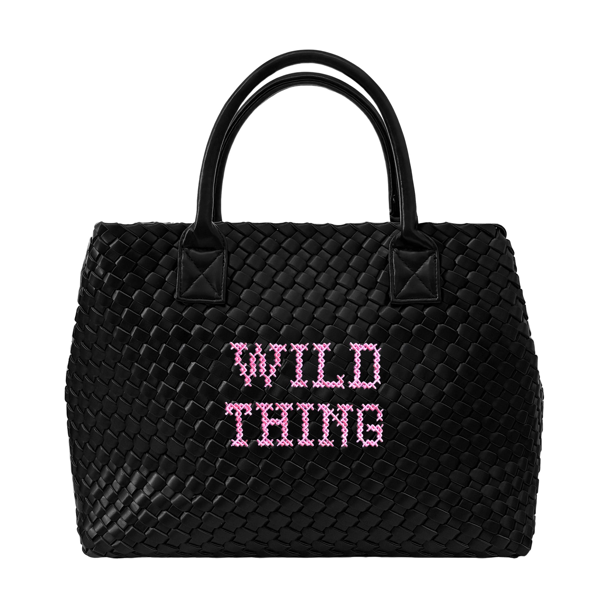 Wild Thing Vegan Woven Handbag by Lilly Loves, showcasing a stylish, eco-friendly handbag with woven design and leather accents.
