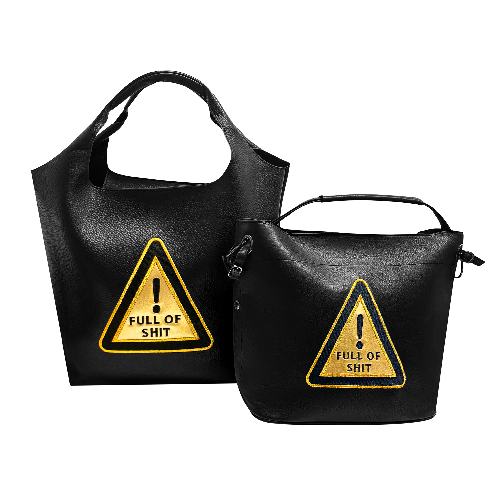 Lilly Loves Warning Full Of Shit Bucket Bag handbag with bold printed design, featuring a compact, stylish leather accessory.