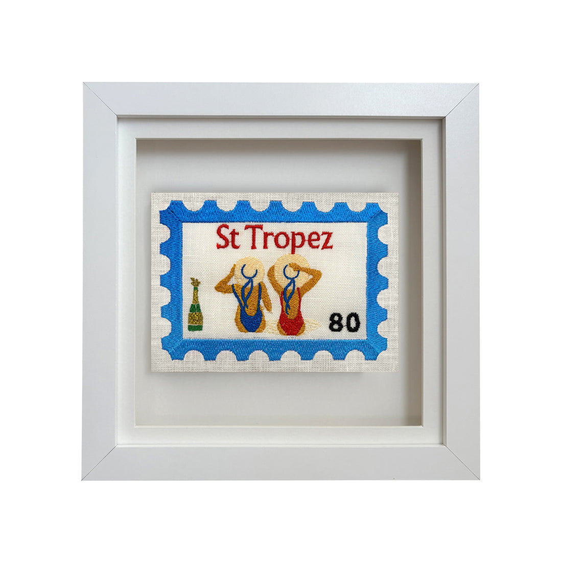Lillyloves St Tropez embroidered postcard artwork featuring detailed embroidery of a scenic coastal view.