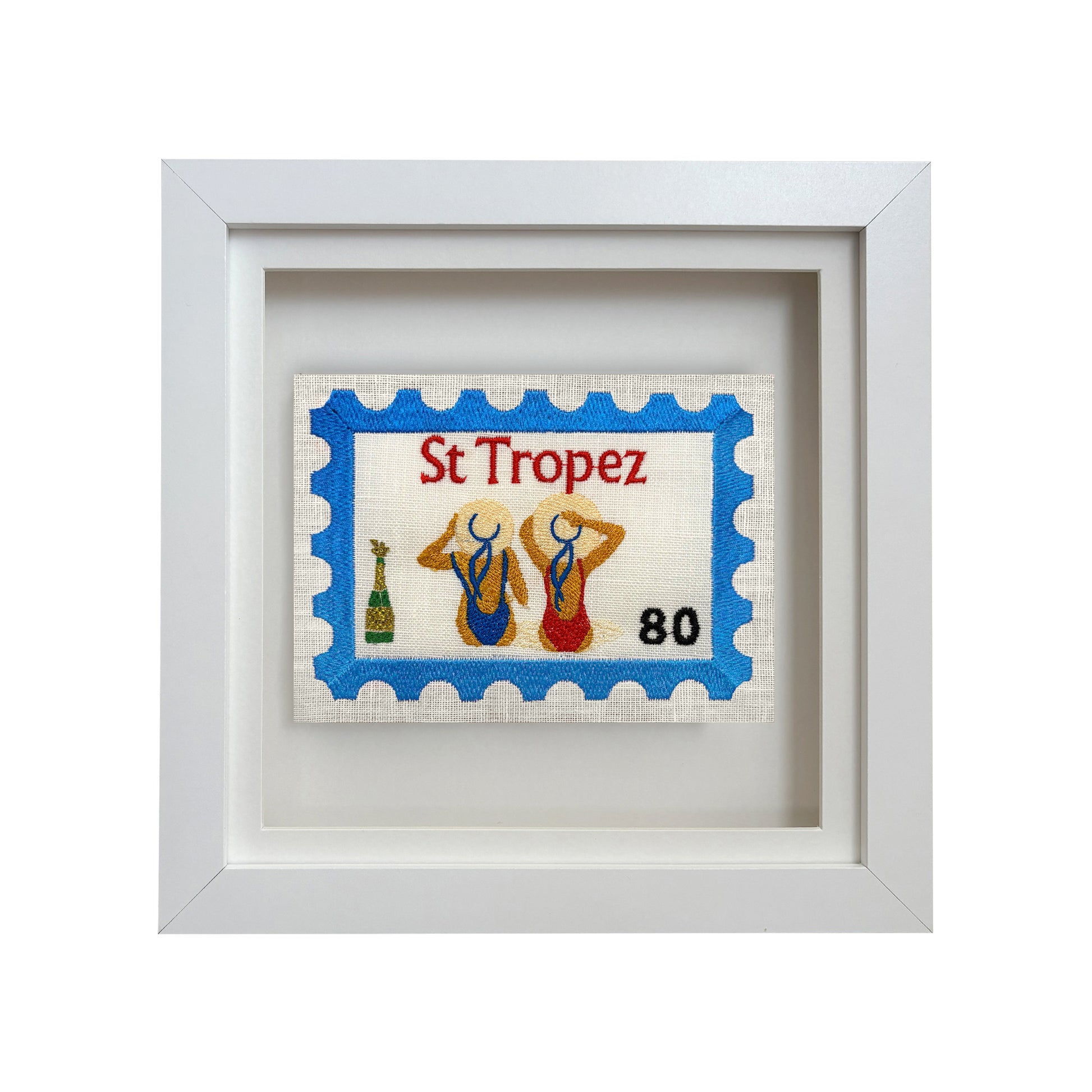 Lillyloves St Tropez embroidered postcard artwork featuring detailed embroidery of a scenic coastal view.