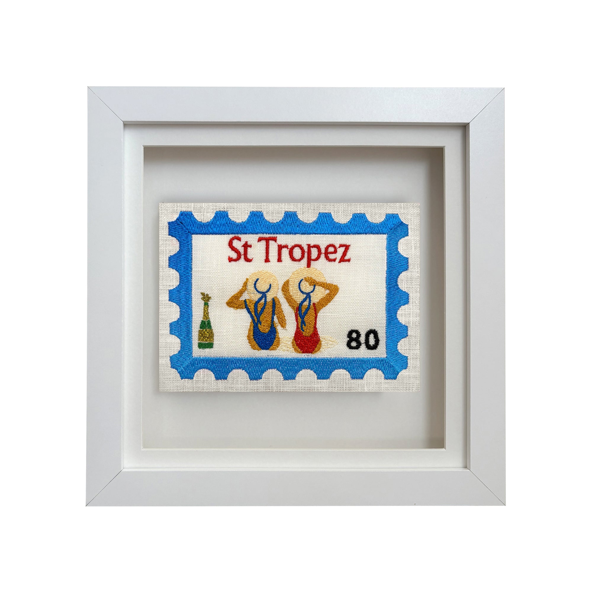 Lillyloves St Tropez embroidered postcard artwork featuring detailed embroidery of a scenic coastal view.