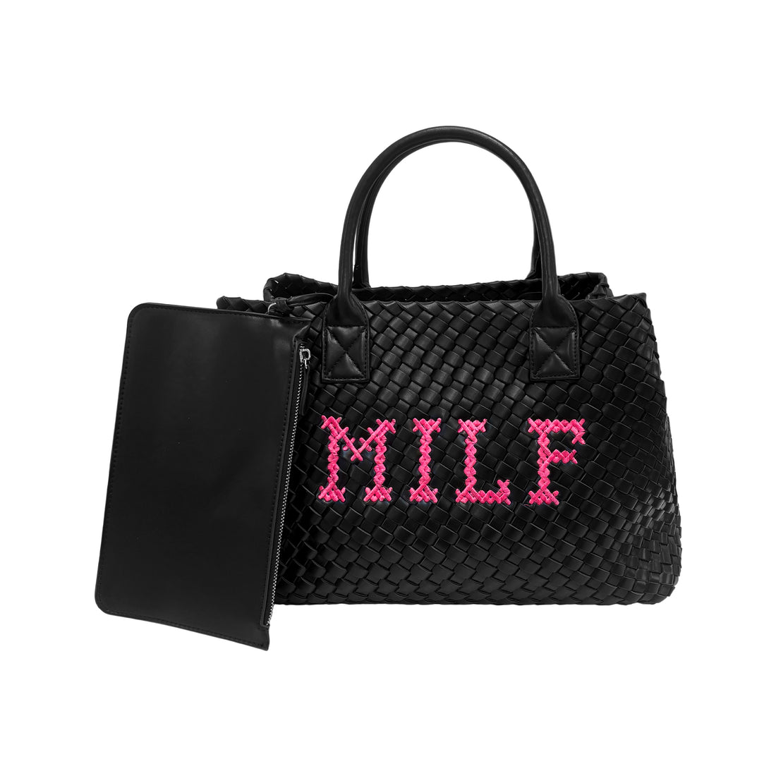 Lilly Loves MILF Vegan handbag in black leather with silver hardware, featuring a structured shape and top handle.