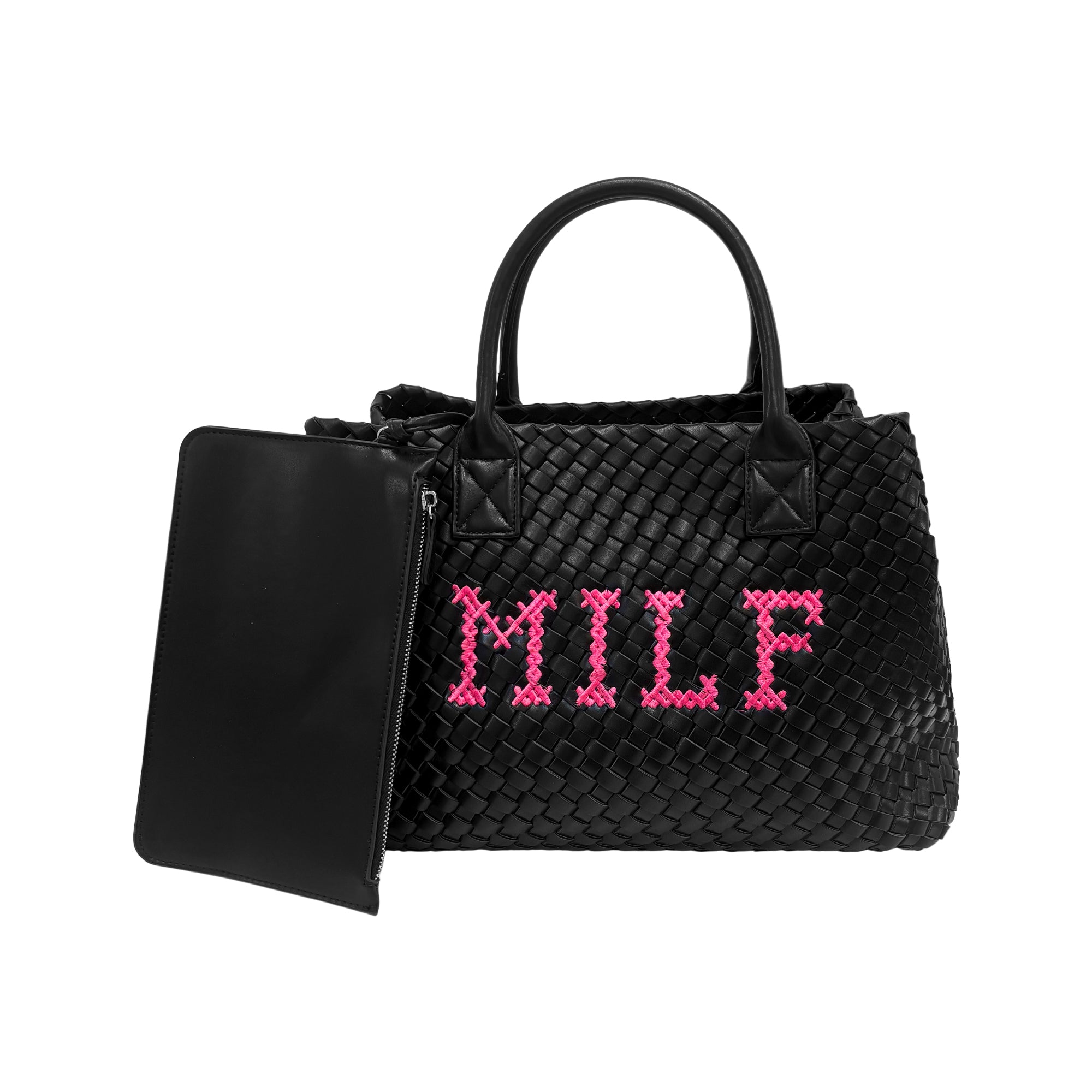 Lilly Loves MILF Vegan handbag in black leather with silver hardware, featuring a structured shape and top handle.