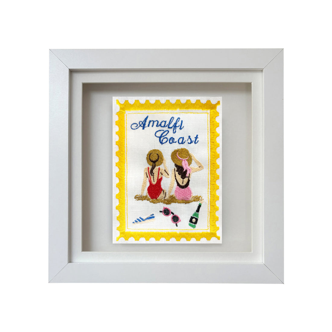 Detailed image of Lillyloves Amalfi Coast Embroidered Stamp artwork featuring intricate embroidery of coastal scenery and classic stamps.