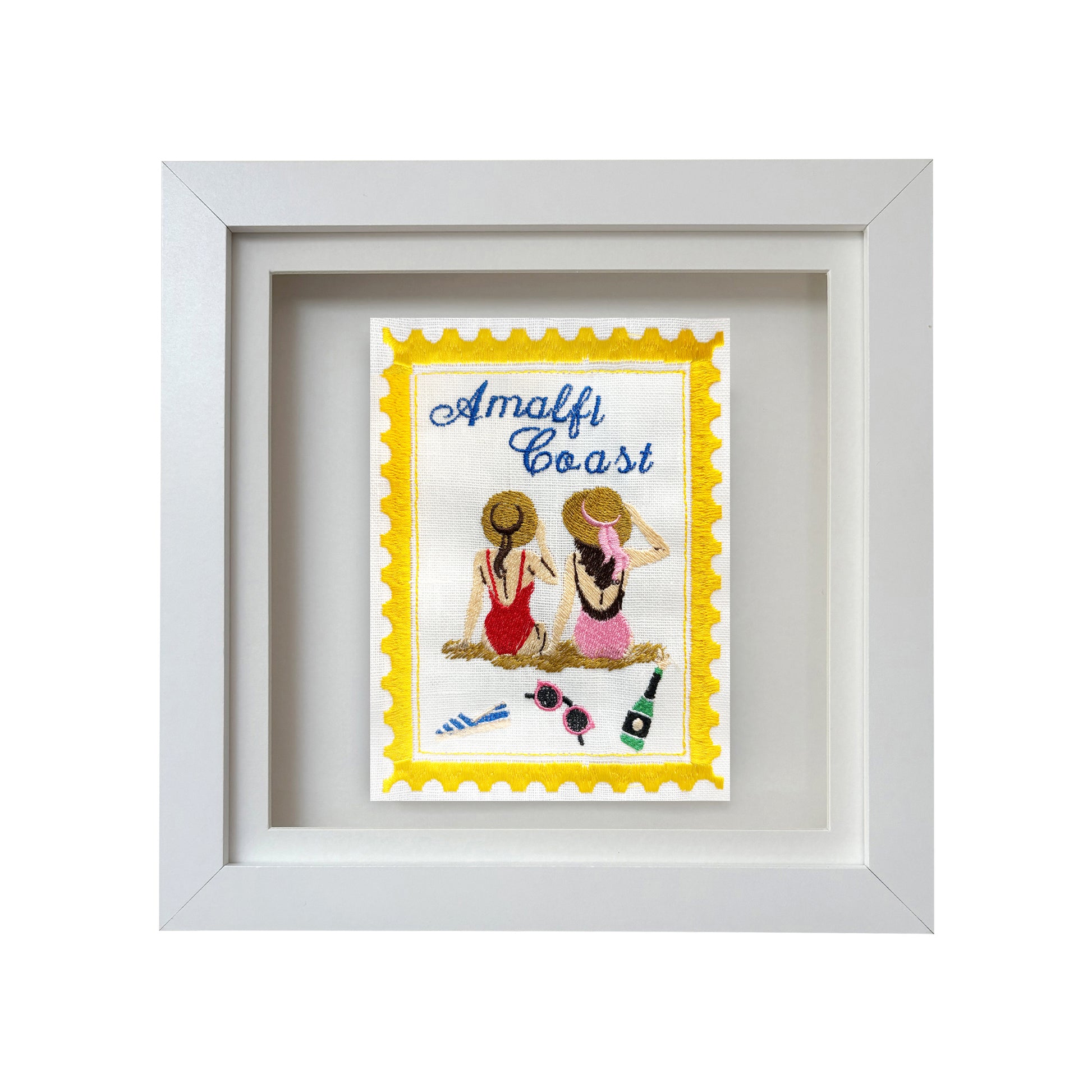 Detailed image of Lillyloves Amalfi Coast Embroidered Stamp artwork featuring intricate embroidery of coastal scenery and classic stamps.