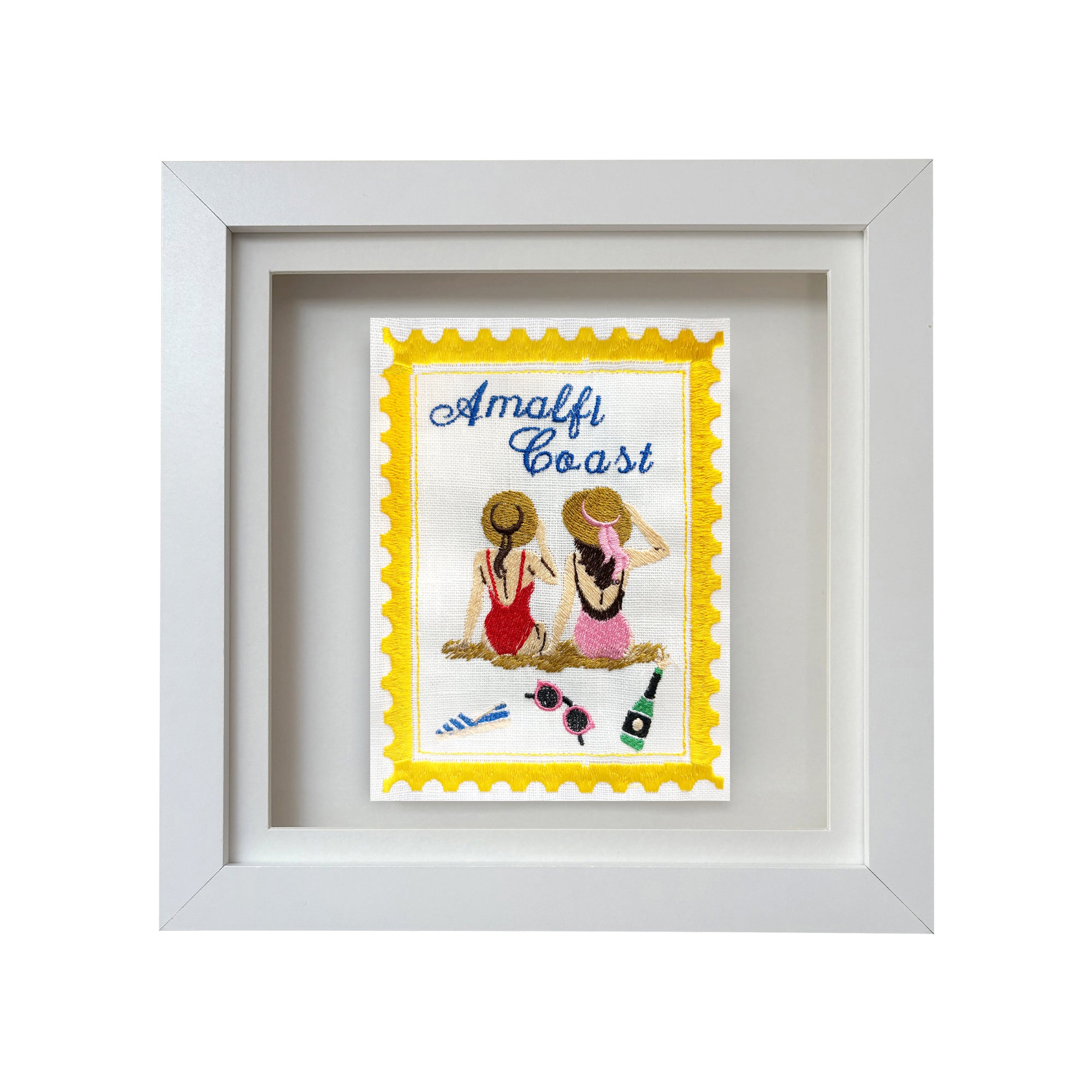 Detailed image of Lillyloves Amalfi Coast Embroidered Stamp artwork featuring intricate embroidery of coastal scenery and classic stamps.