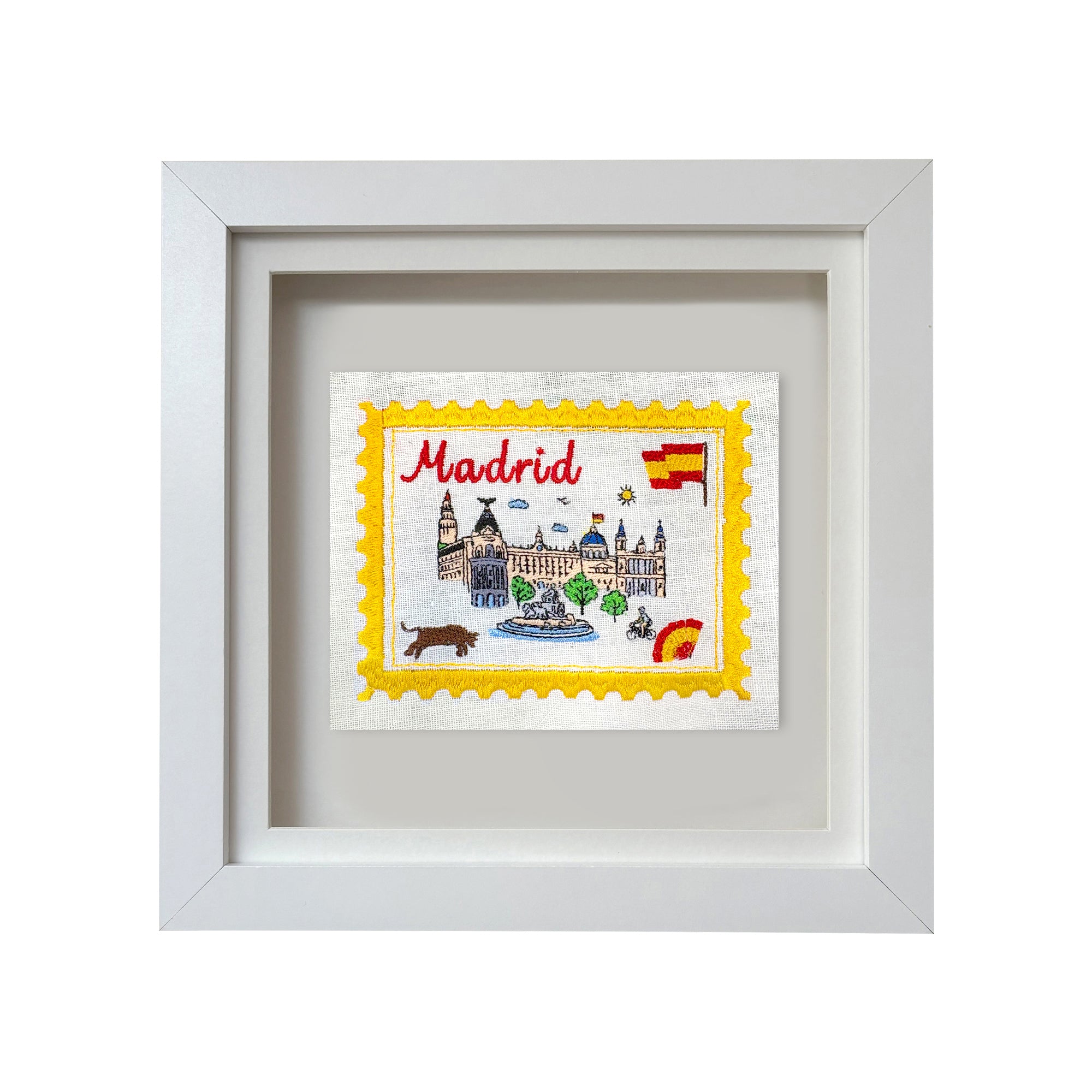 Colorful Madrid embroidered stamp artwork by Lillyloves featuring intricate embroidery and vibrant cityscape design.