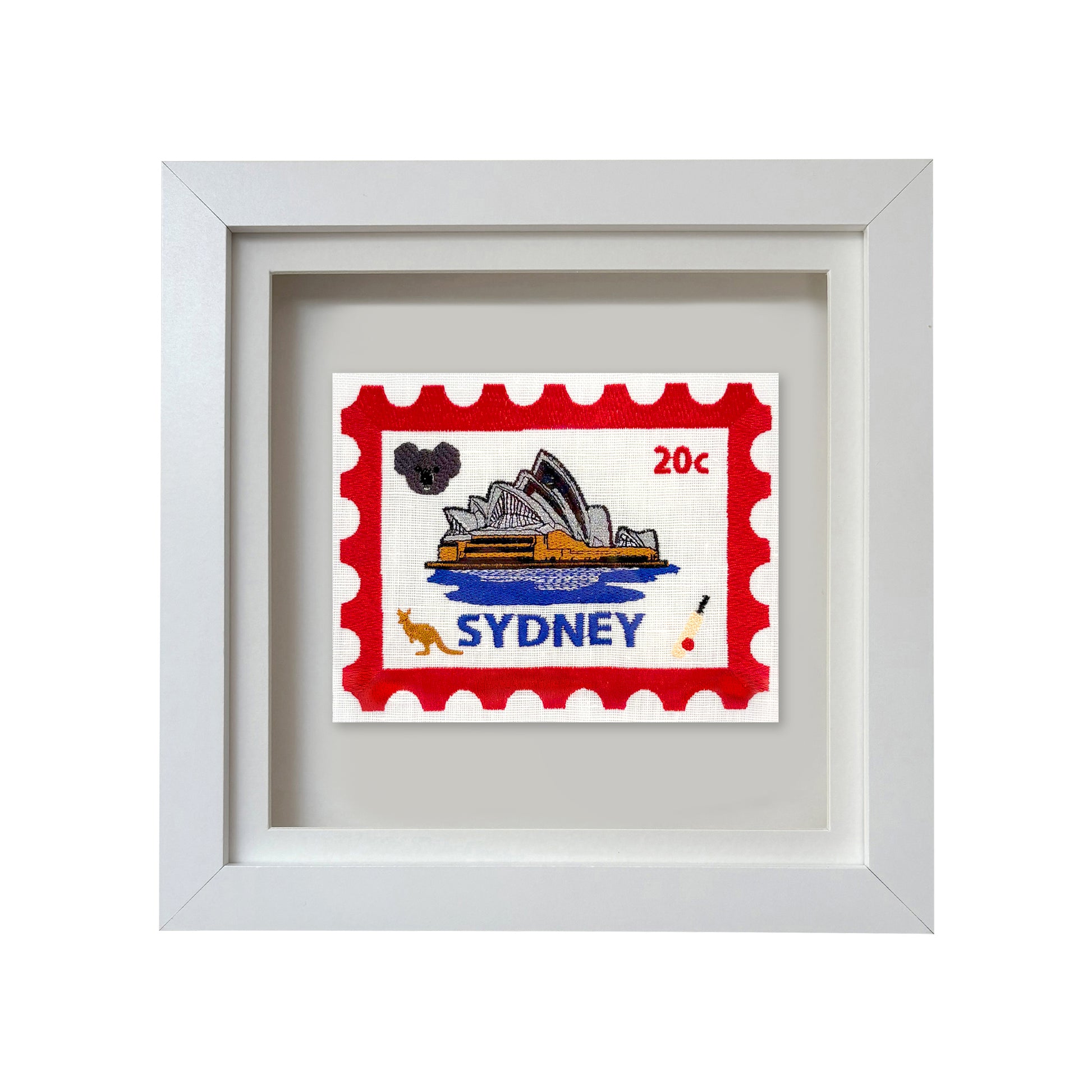 Sydney embroidered postcard artwork featuring colorful embroidered scenes of Australia’s iconic landmarks by Lillyloves.