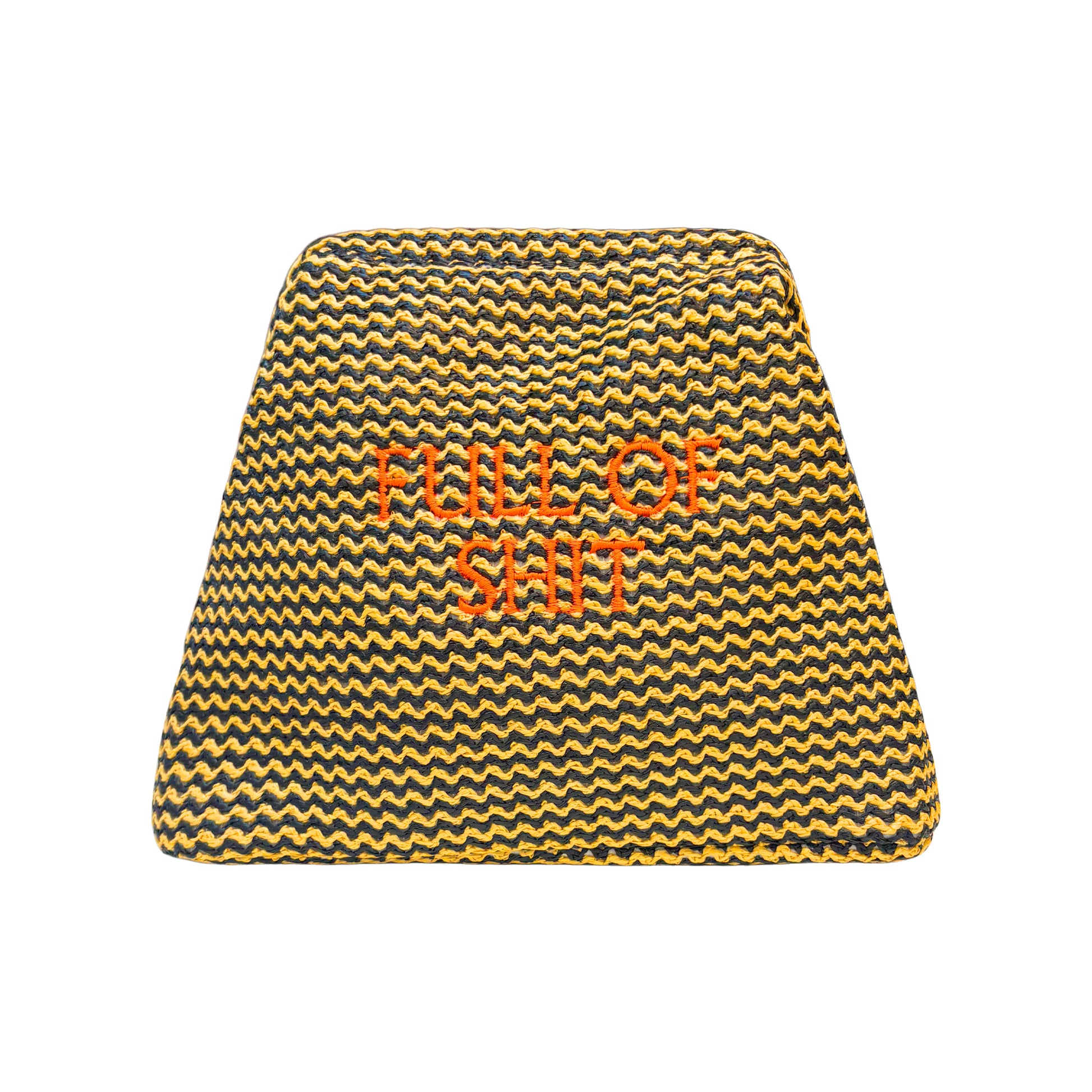 Orange straw clutch pouch by Lilly Loves with "Full Of Shit" text, featuring a woven design and compact size for carrying essentials.
